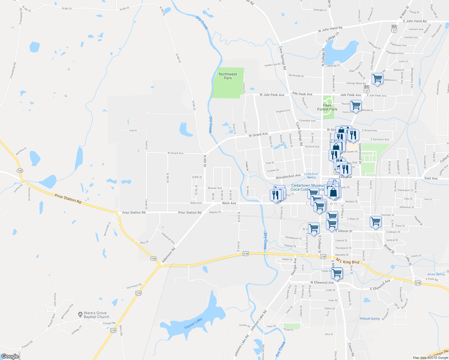 map of restaurants, bars, coffee shops, grocery stores, and more near 310 4th Street in Cedartown