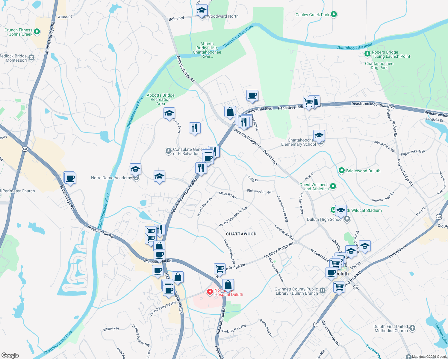 map of restaurants, bars, coffee shops, grocery stores, and more near 4020 River Green Parkway in Duluth