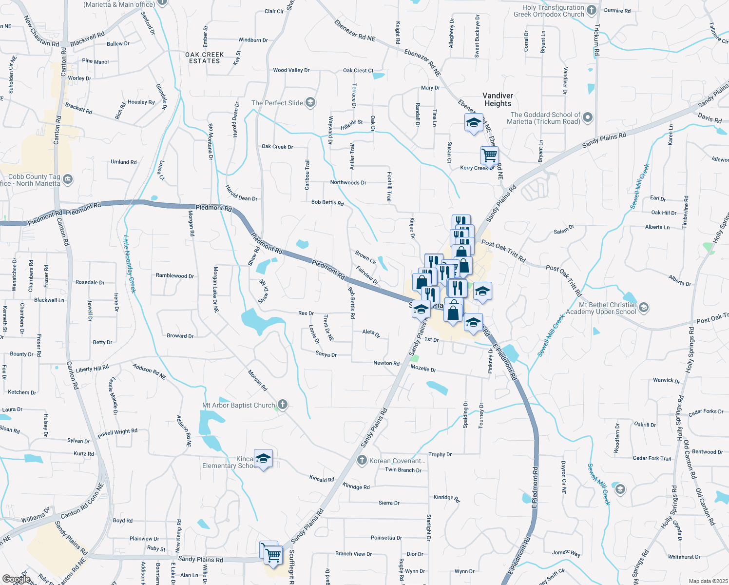 map of restaurants, bars, coffee shops, grocery stores, and more near 1690 Piedmont Rd in Marietta