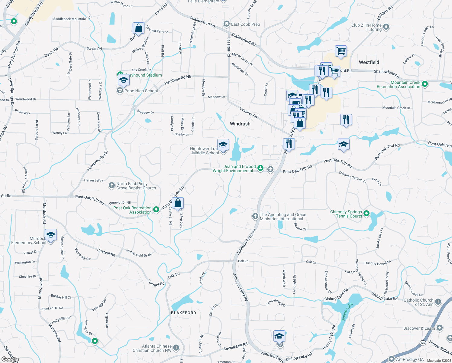 map of restaurants, bars, coffee shops, grocery stores, and more near 4100 Tritt Homestead Dr in Marietta