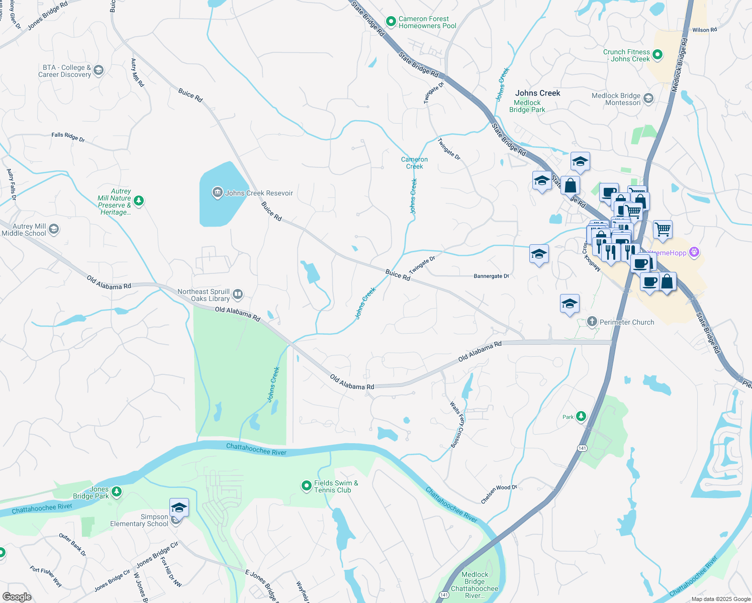 map of restaurants, bars, coffee shops, grocery stores, and more near 5185 Buice Rd in Alpharetta