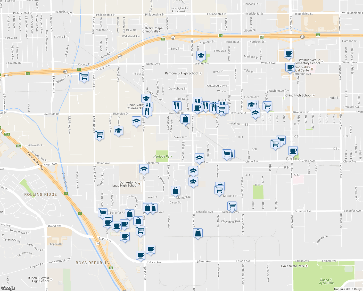 map of restaurants, bars, coffee shops, grocery stores, and more near 13150 Ballestros Avenue in Chino