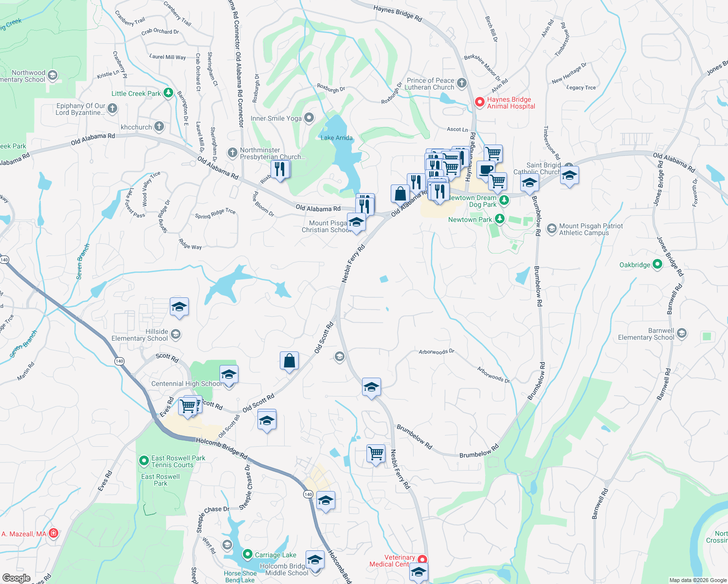 map of restaurants, bars, coffee shops, grocery stores, and more near 640 Saint Regis Lane in Alpharetta