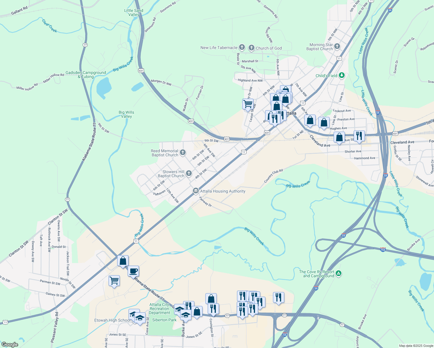 map of restaurants, bars, coffee shops, grocery stores, and more near 509 3rd Street Southwest in Attalla