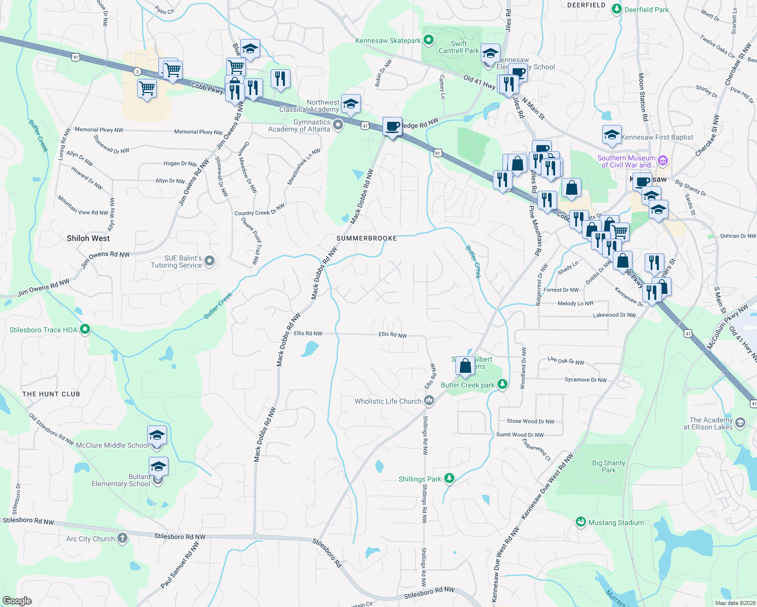map of restaurants, bars, coffee shops, grocery stores, and more near 2464 Kaley Walk Northwest in Kennesaw