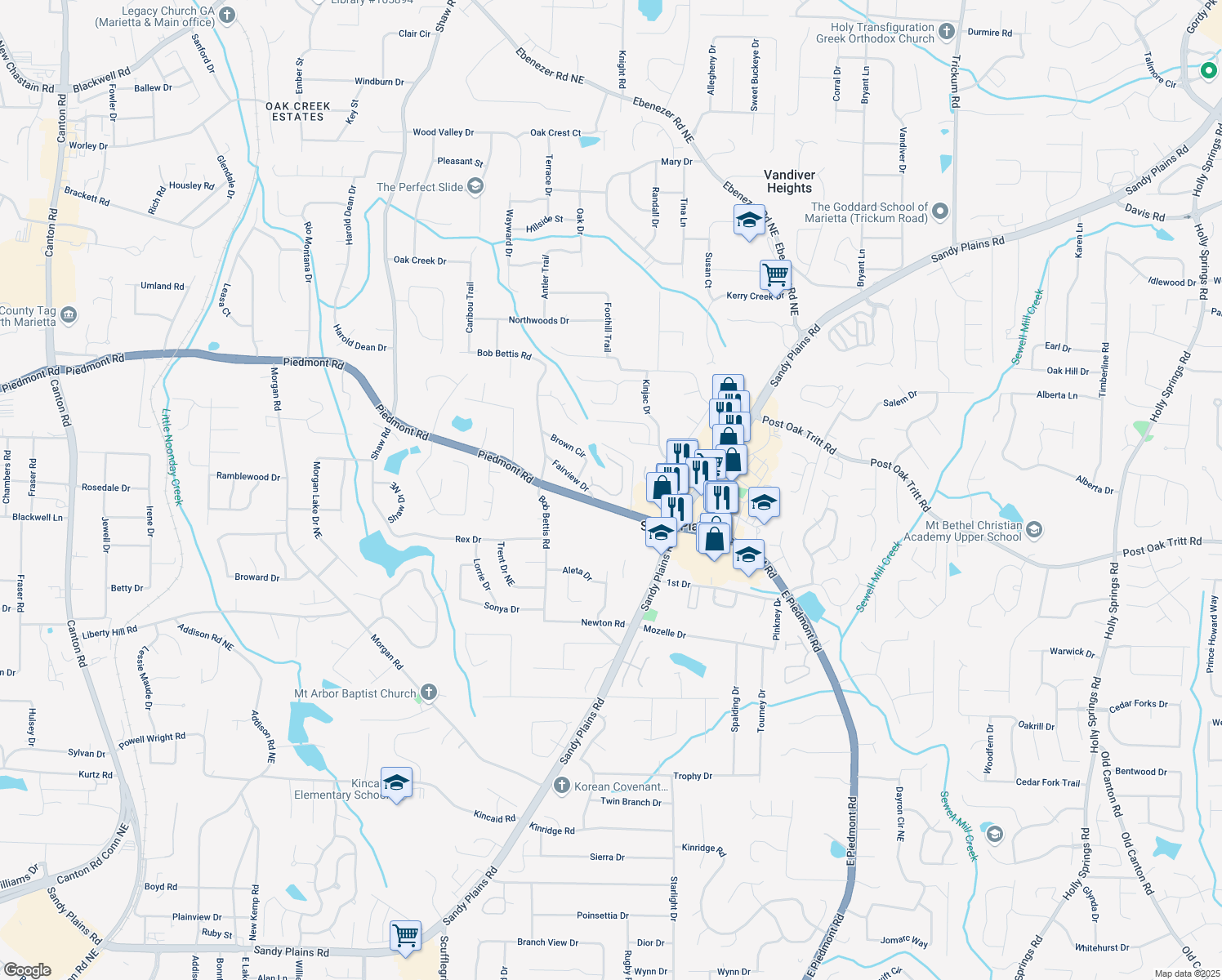map of restaurants, bars, coffee shops, grocery stores, and more near 2713 Stillwater Lake Lane in Marietta