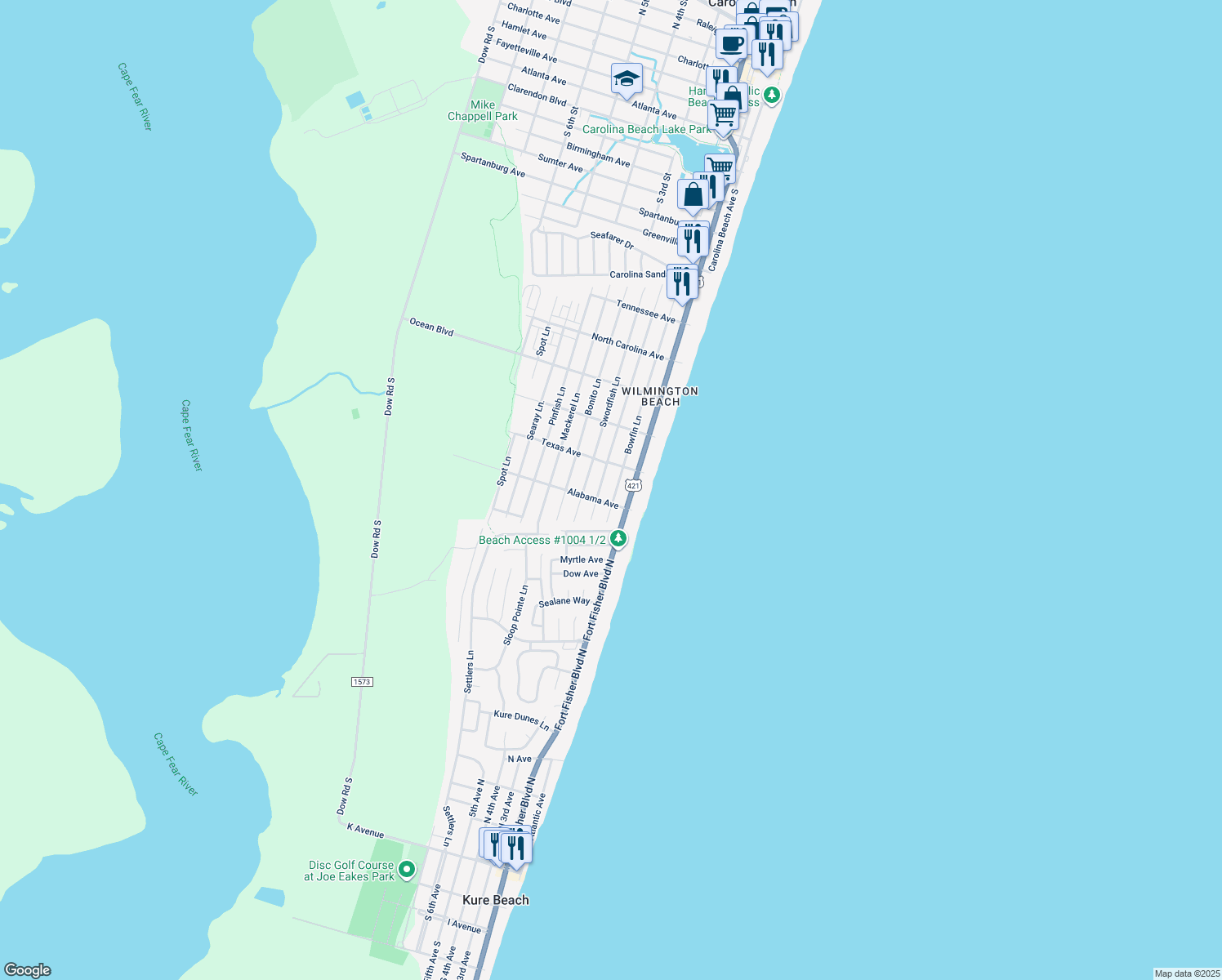 map of restaurants, bars, coffee shops, grocery stores, and more near 1618 Bowfin Lane in Carolina Beach