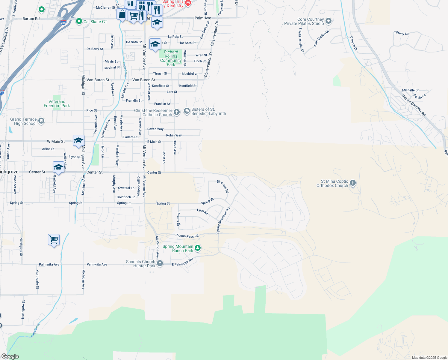 map of restaurants, bars, coffee shops, grocery stores, and more near 7404 Blue Oak Road in Riverside