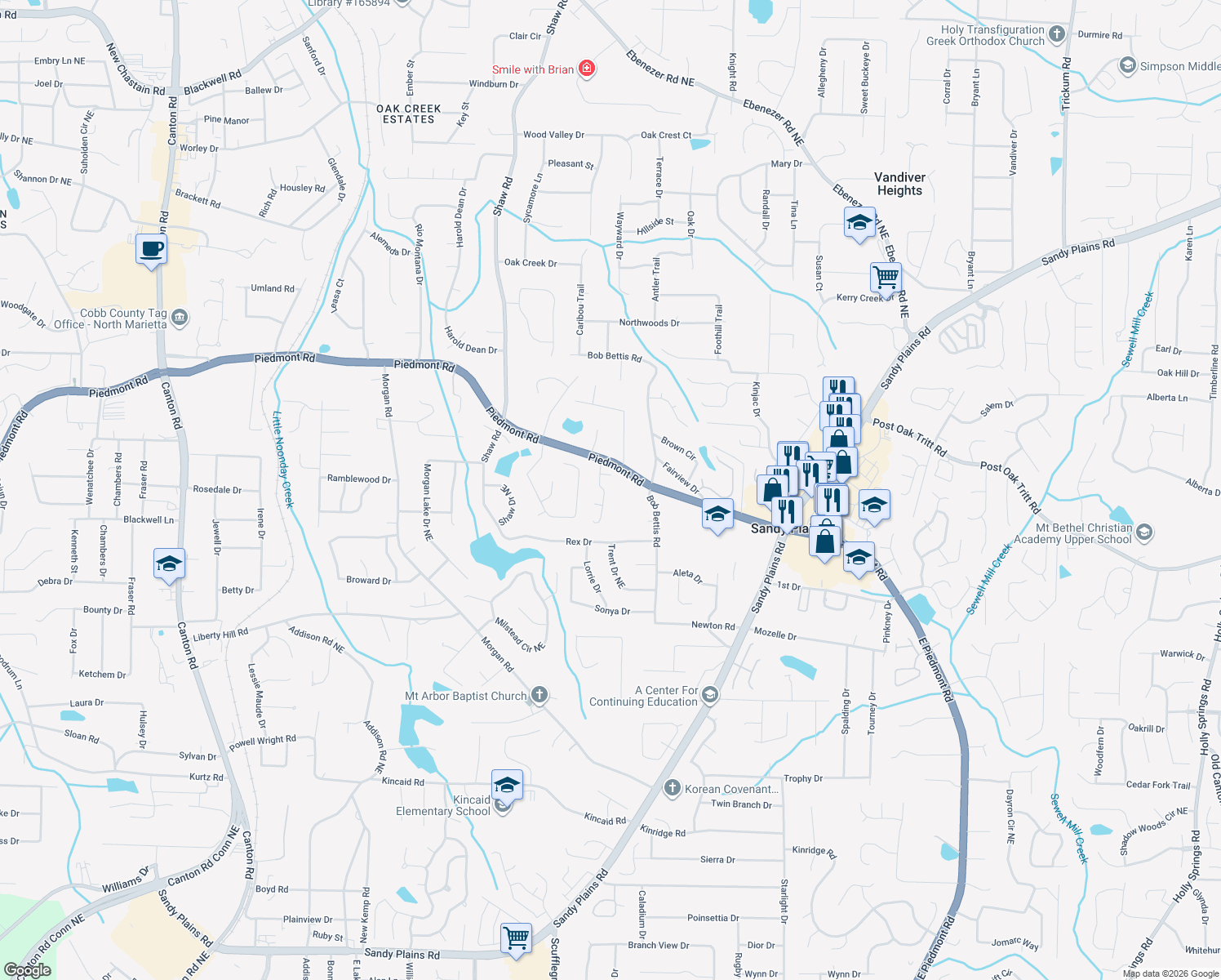 map of restaurants, bars, coffee shops, grocery stores, and more near 2690 Piedmont Oak Dr in Marietta
