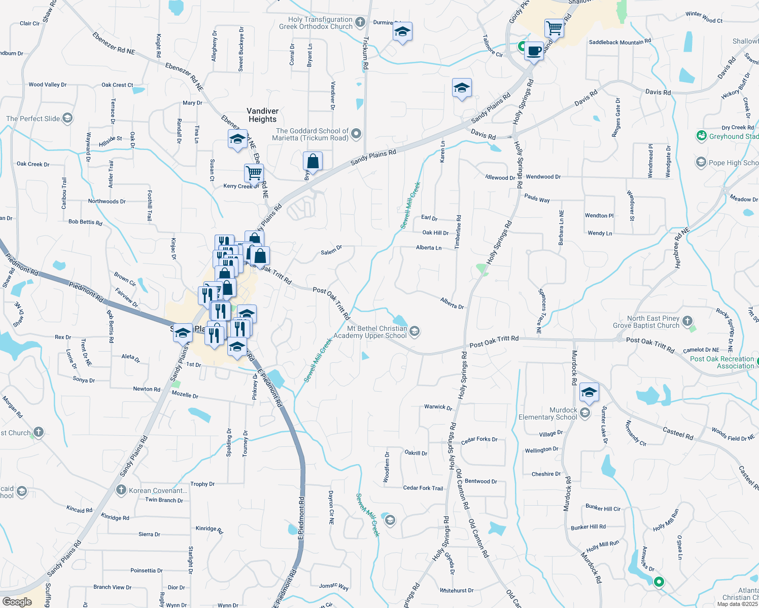 map of restaurants, bars, coffee shops, grocery stores, and more near 2454 Hampton Park Way in Marietta