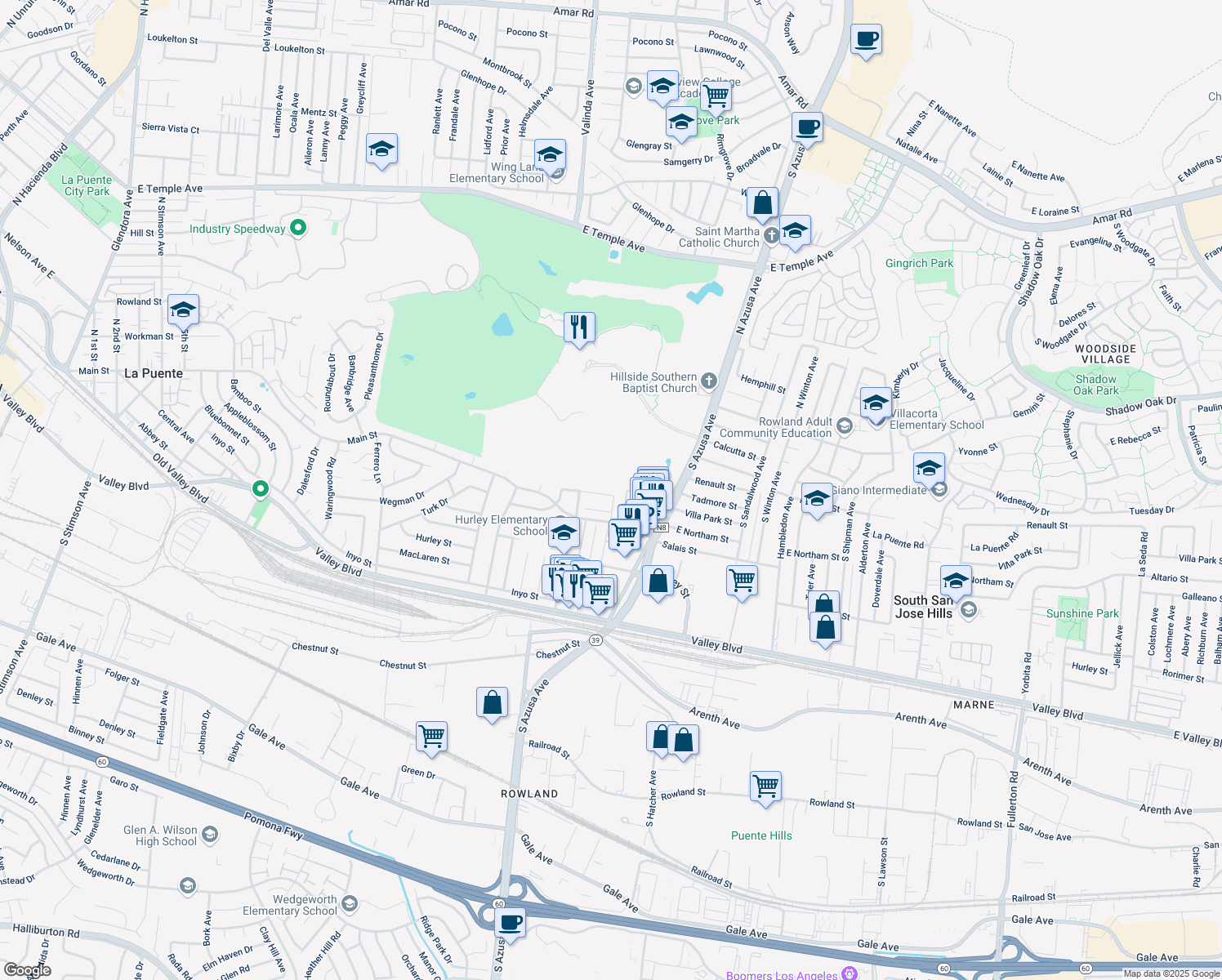 map of restaurants, bars, coffee shops, grocery stores, and more near 17345 Villa Park Street in La Puente