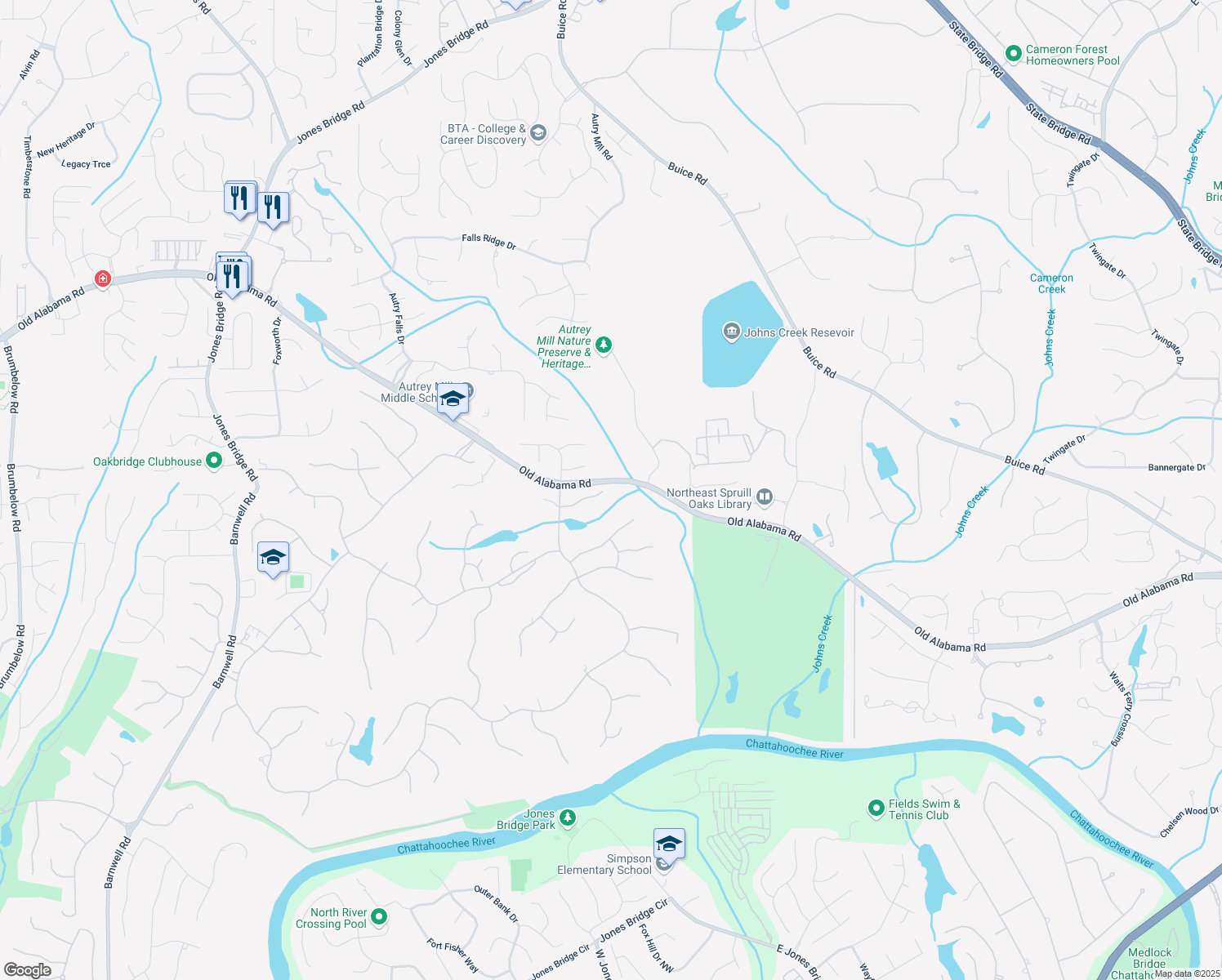 map of restaurants, bars, coffee shops, grocery stores, and more near 120 Dover Cliff Way in Alpharetta