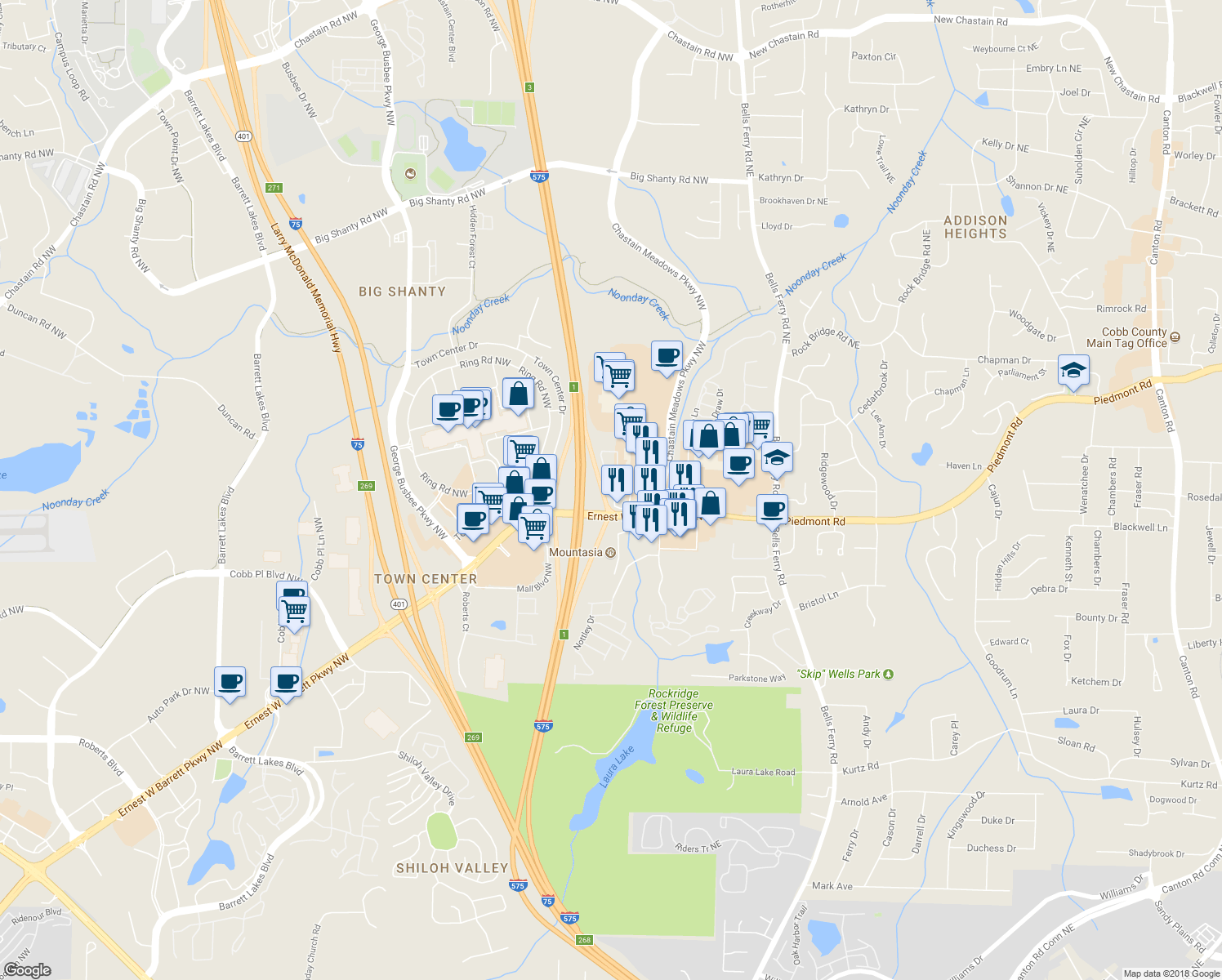 map of restaurants, bars, coffee shops, grocery stores, and more near 190 Roberts Trail in Marietta
