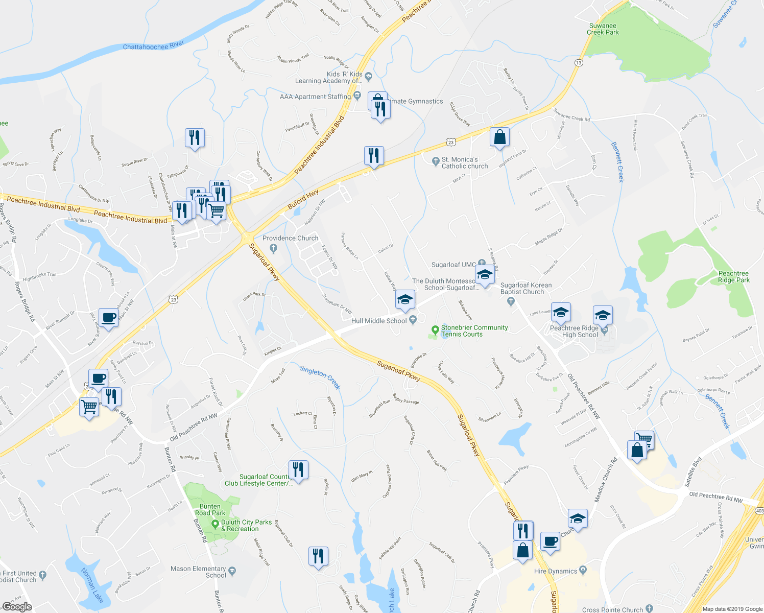 map of restaurants, bars, coffee shops, grocery stores, and more near 3348 Parsons Ridge Lane in Duluth