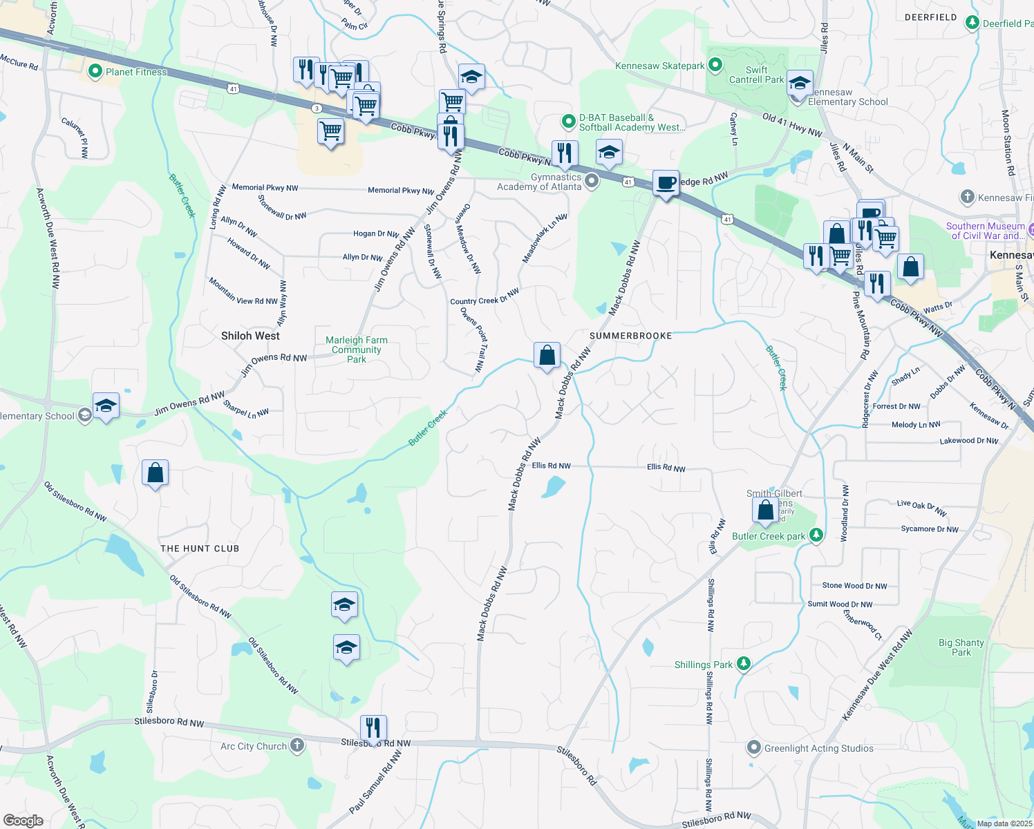map of restaurants, bars, coffee shops, grocery stores, and more near 3259 Standing Peachtree Trail Northwest in Kennesaw