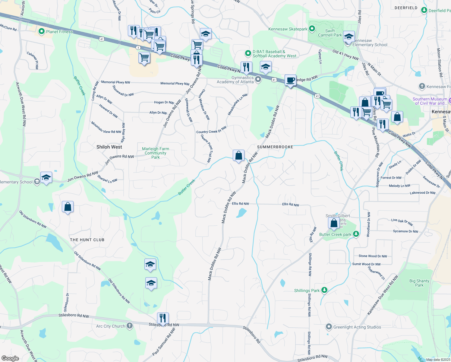 map of restaurants, bars, coffee shops, grocery stores, and more near 3259 Standing Peachtree Trail Northwest in Kennesaw