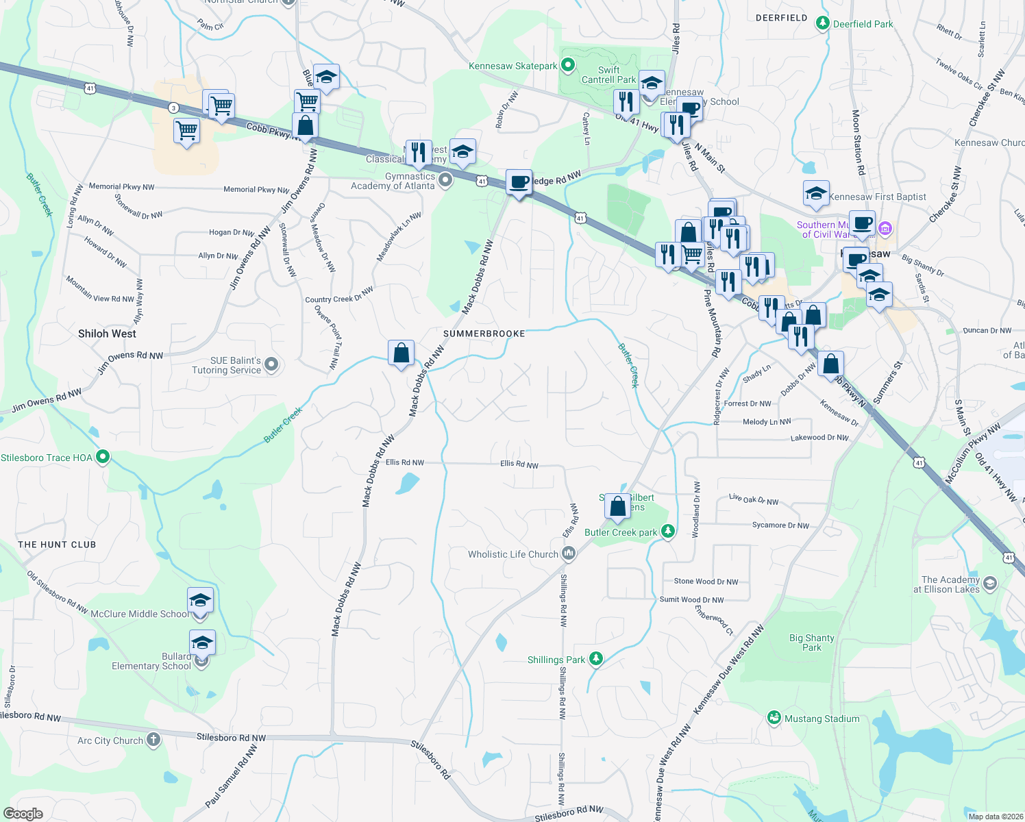 map of restaurants, bars, coffee shops, grocery stores, and more near 2474 Kaley Walk Northwest in Kennesaw
