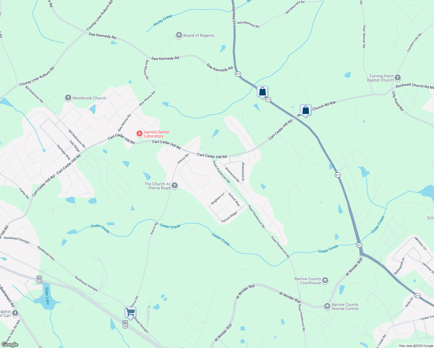 map of restaurants, bars, coffee shops, grocery stores, and more near 386 Pearl Pentecost Road in Winder