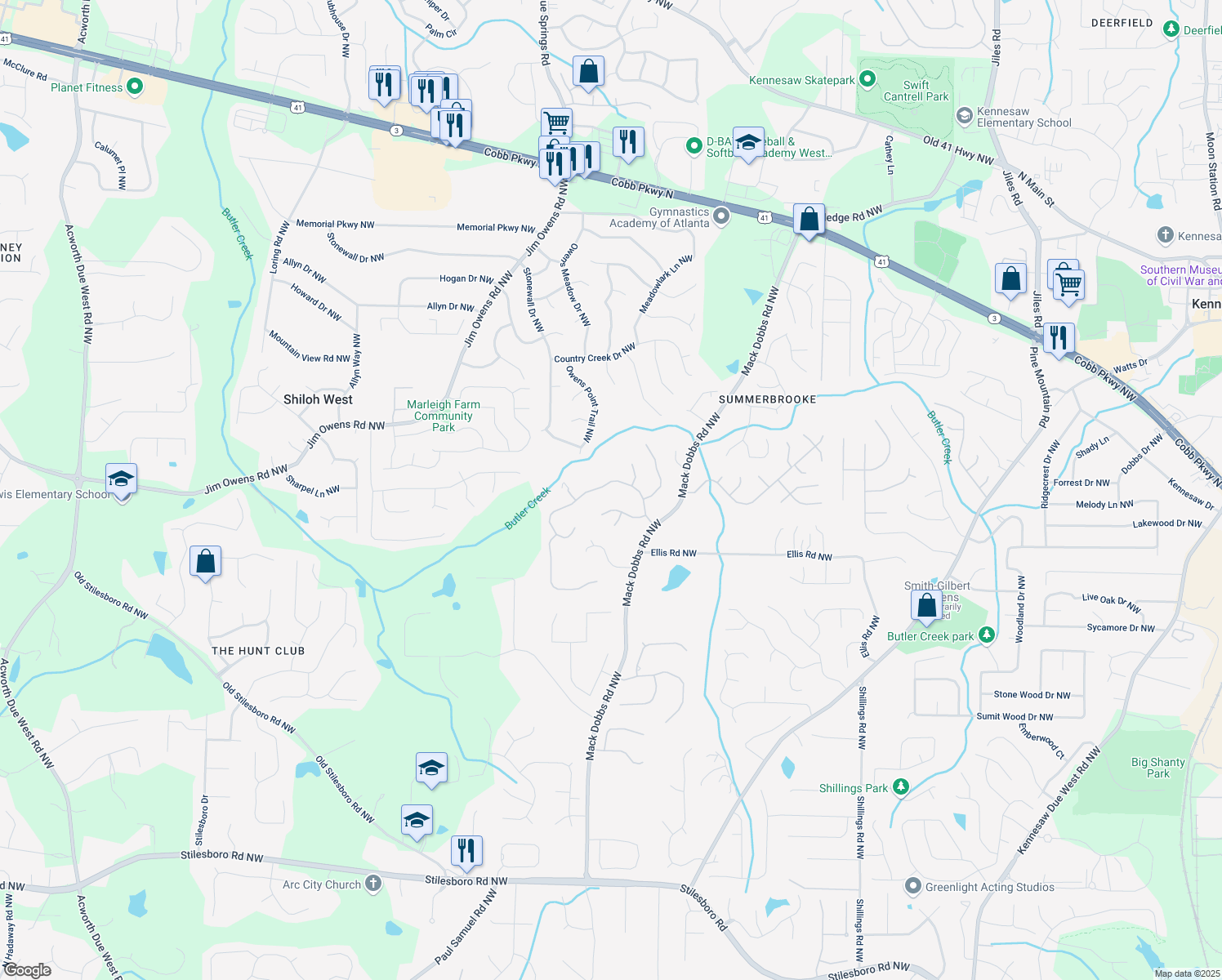 map of restaurants, bars, coffee shops, grocery stores, and more near 3267 Standing Peachtree Trail Northwest in Kennesaw