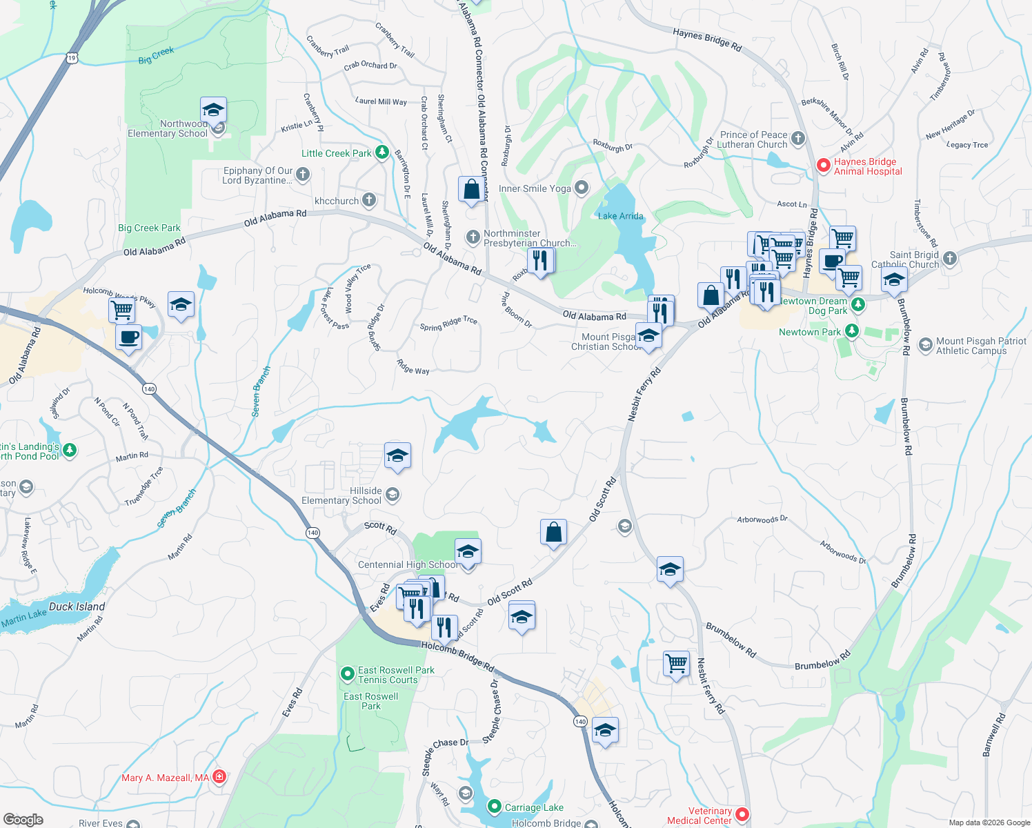 map of restaurants, bars, coffee shops, grocery stores, and more near 9050 Nesbit Lakes Dr in Alpharetta