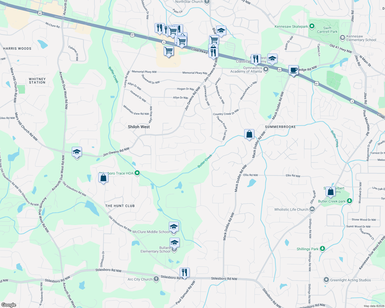 map of restaurants, bars, coffee shops, grocery stores, and more near 2507 Owens Landing Court Northwest in Kennesaw
