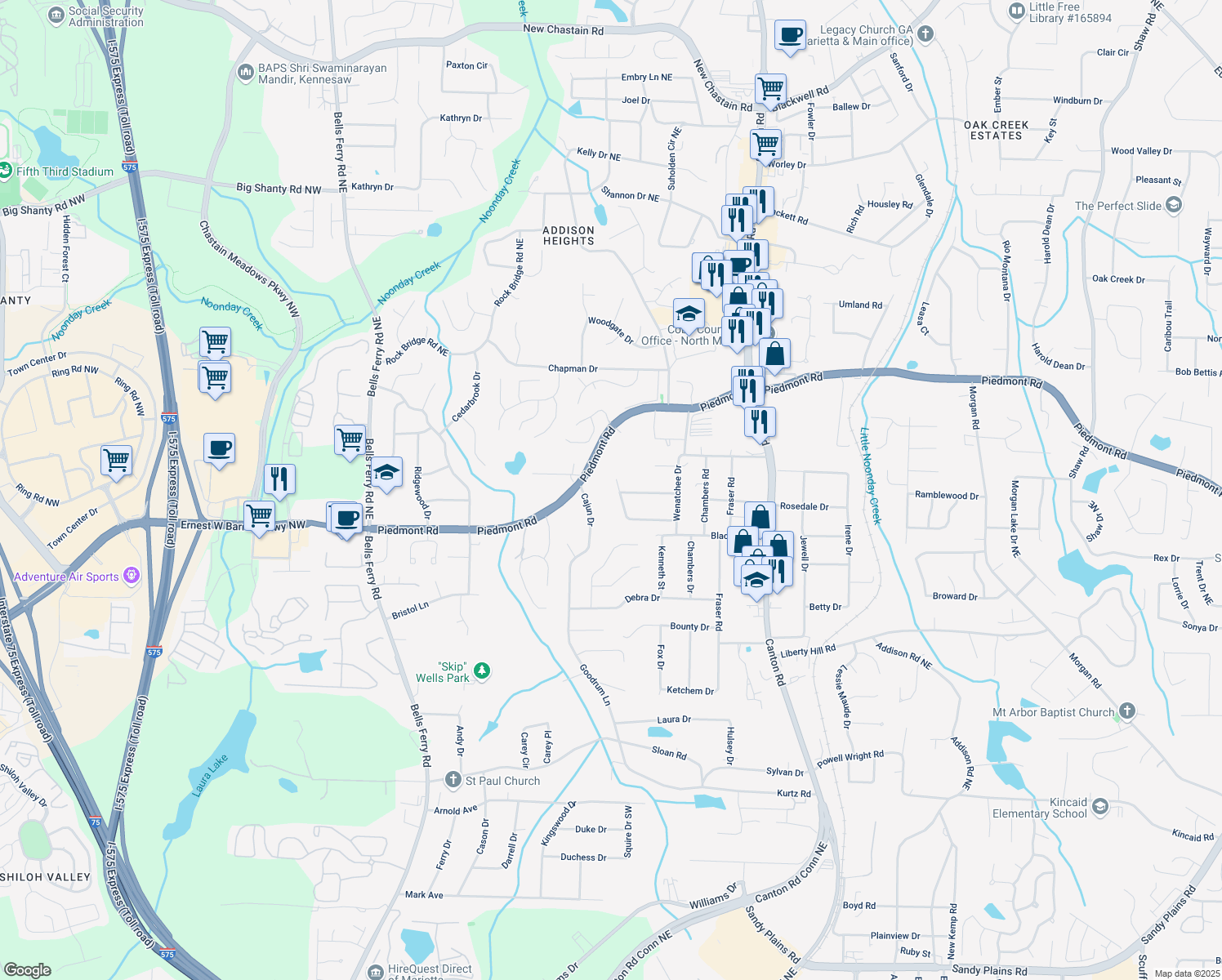 map of restaurants, bars, coffee shops, grocery stores, and more near 530 Chicapoo Drive in Marietta