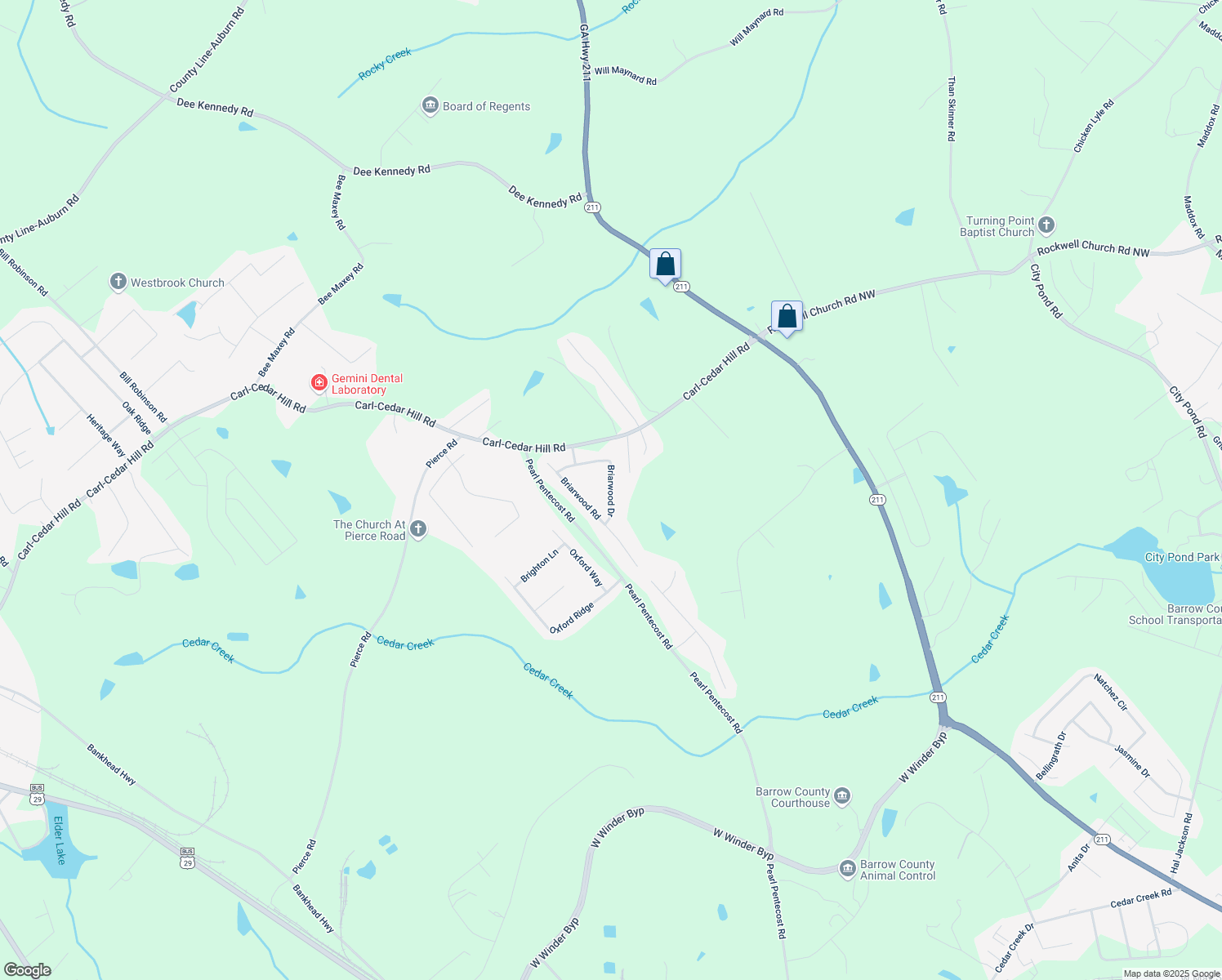 map of restaurants, bars, coffee shops, grocery stores, and more near Briarwood Drive in Winder
