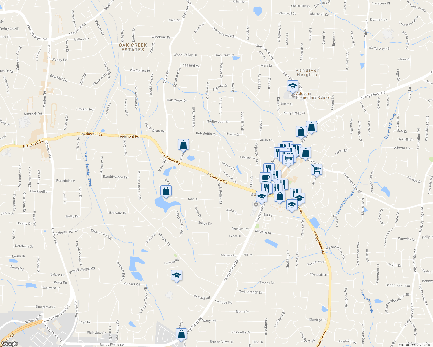 map of restaurants, bars, coffee shops, grocery stores, and more near 2675 Bob Bettis Road in Marietta