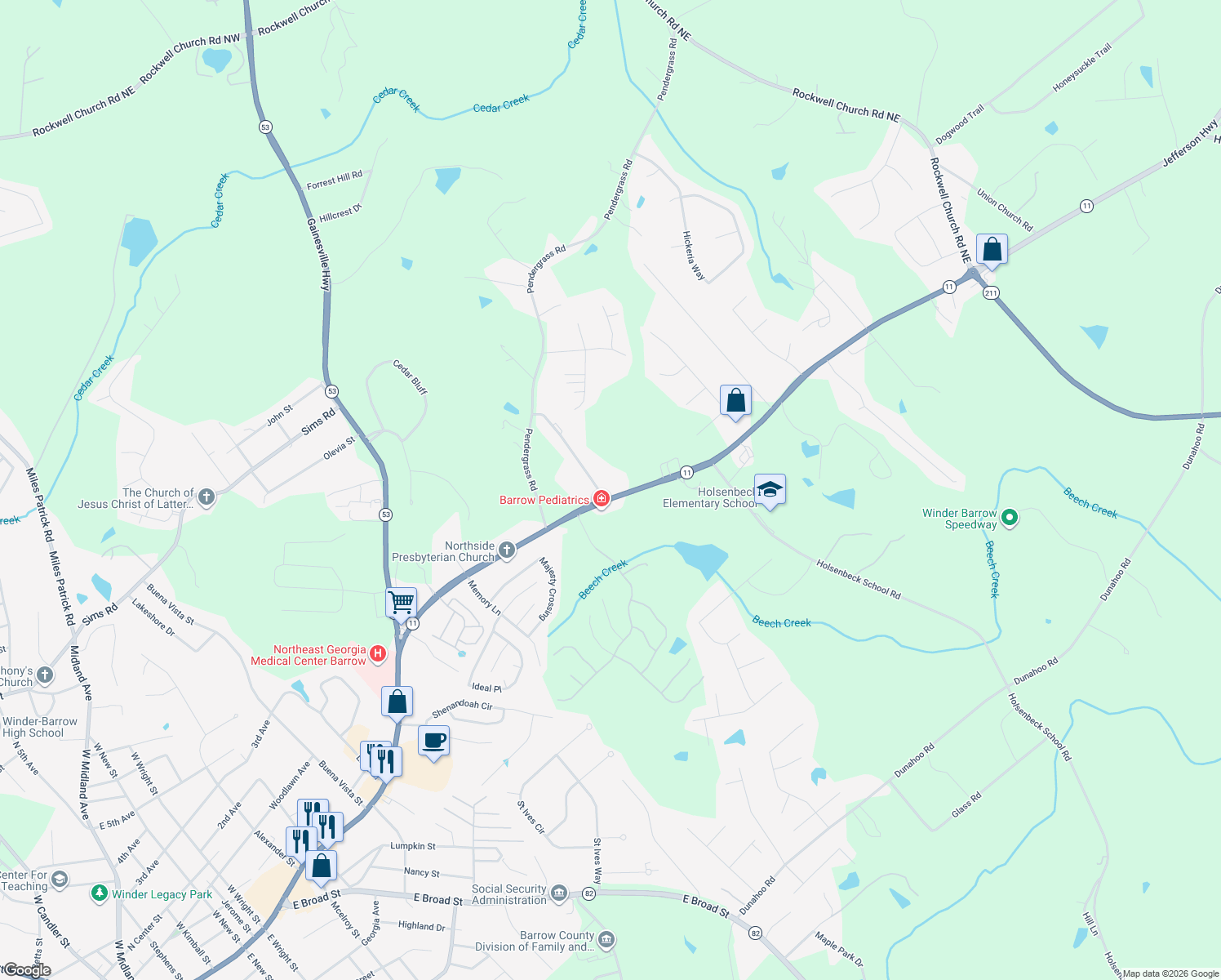 map of restaurants, bars, coffee shops, grocery stores, and more near 568 Jefferson Highway in Winder