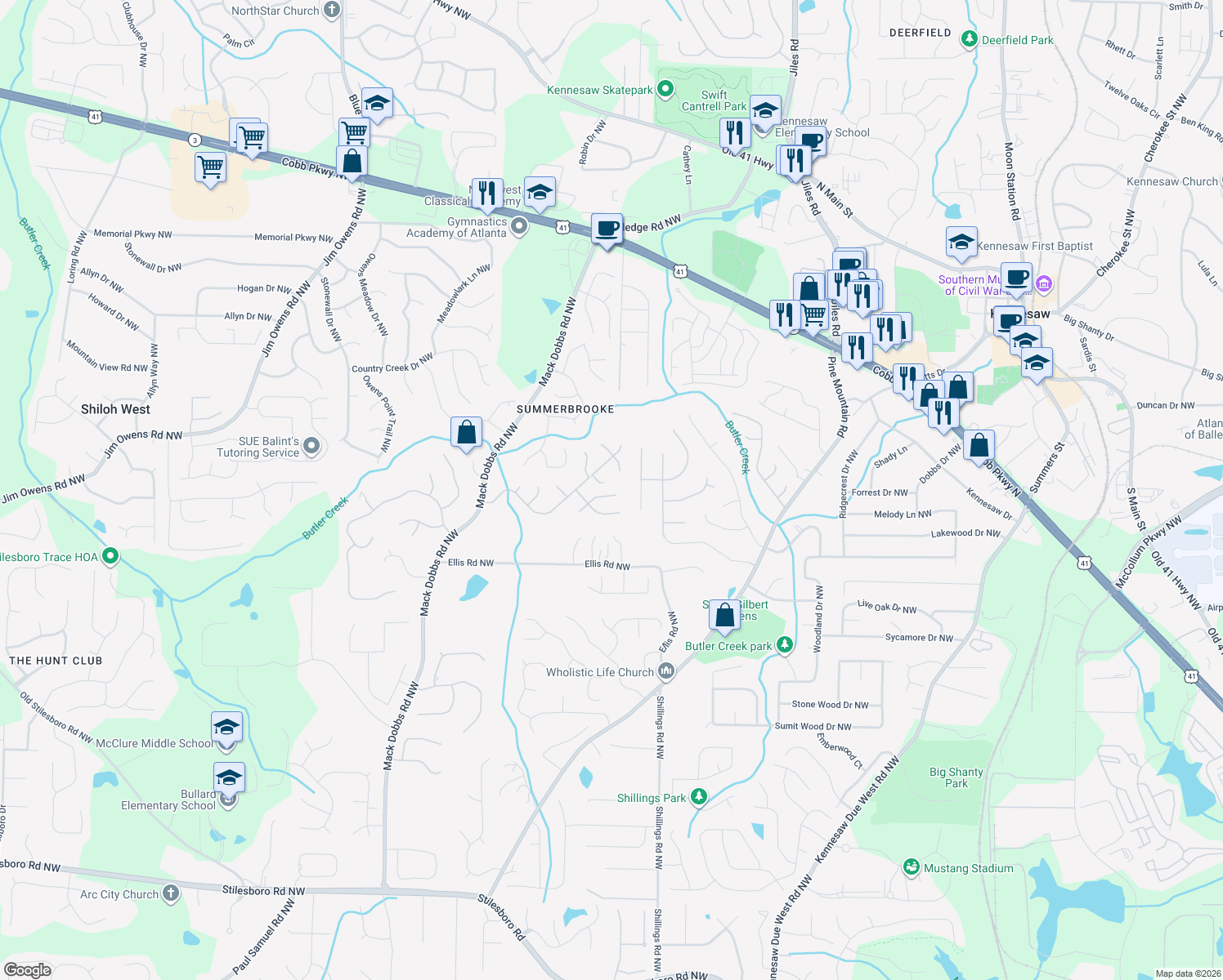 map of restaurants, bars, coffee shops, grocery stores, and more near 2479 Kaley Walk Northwest in Kennesaw
