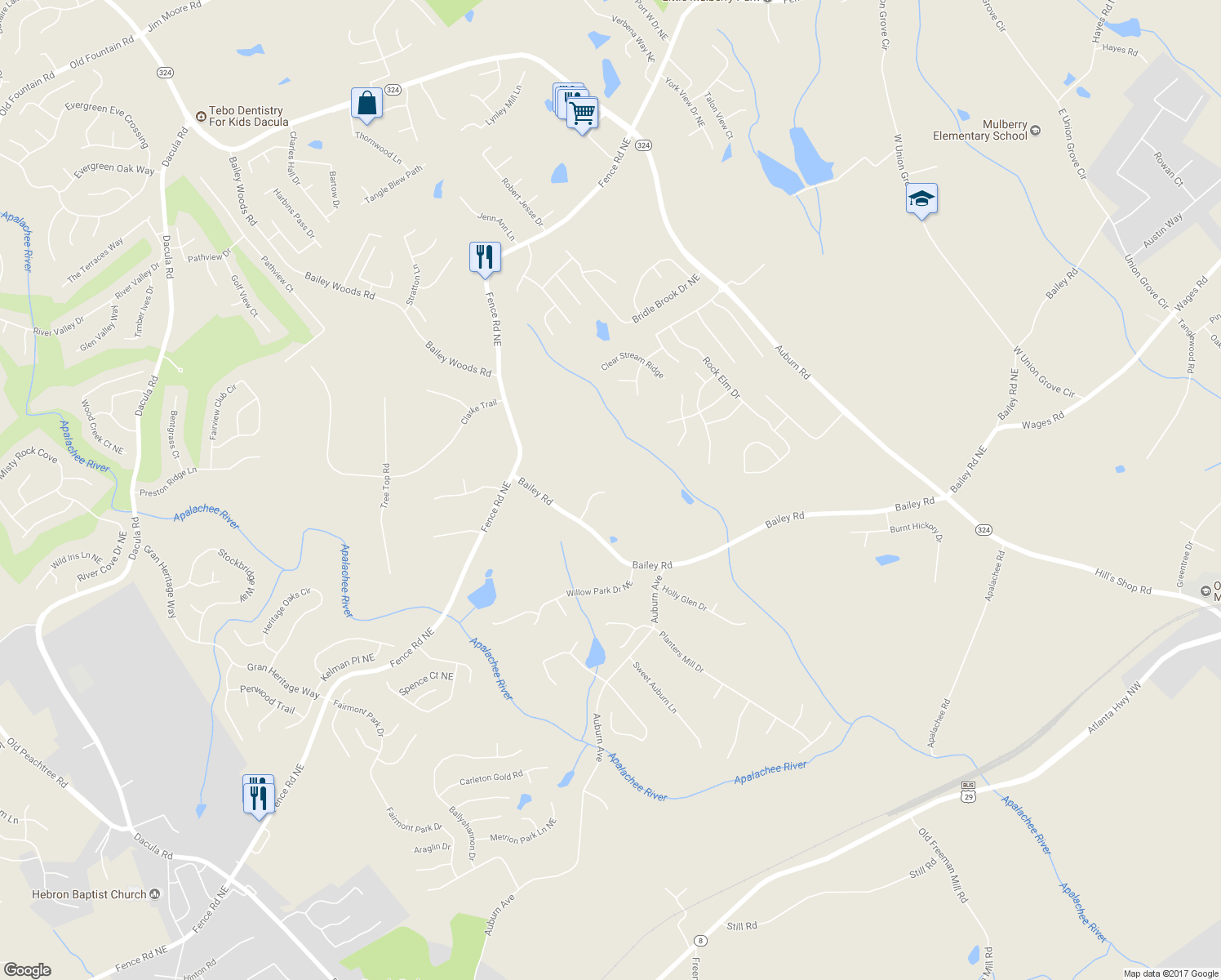 map of restaurants, bars, coffee shops, grocery stores, and more near 3160 Bailey Cove Court Northeast in Dacula