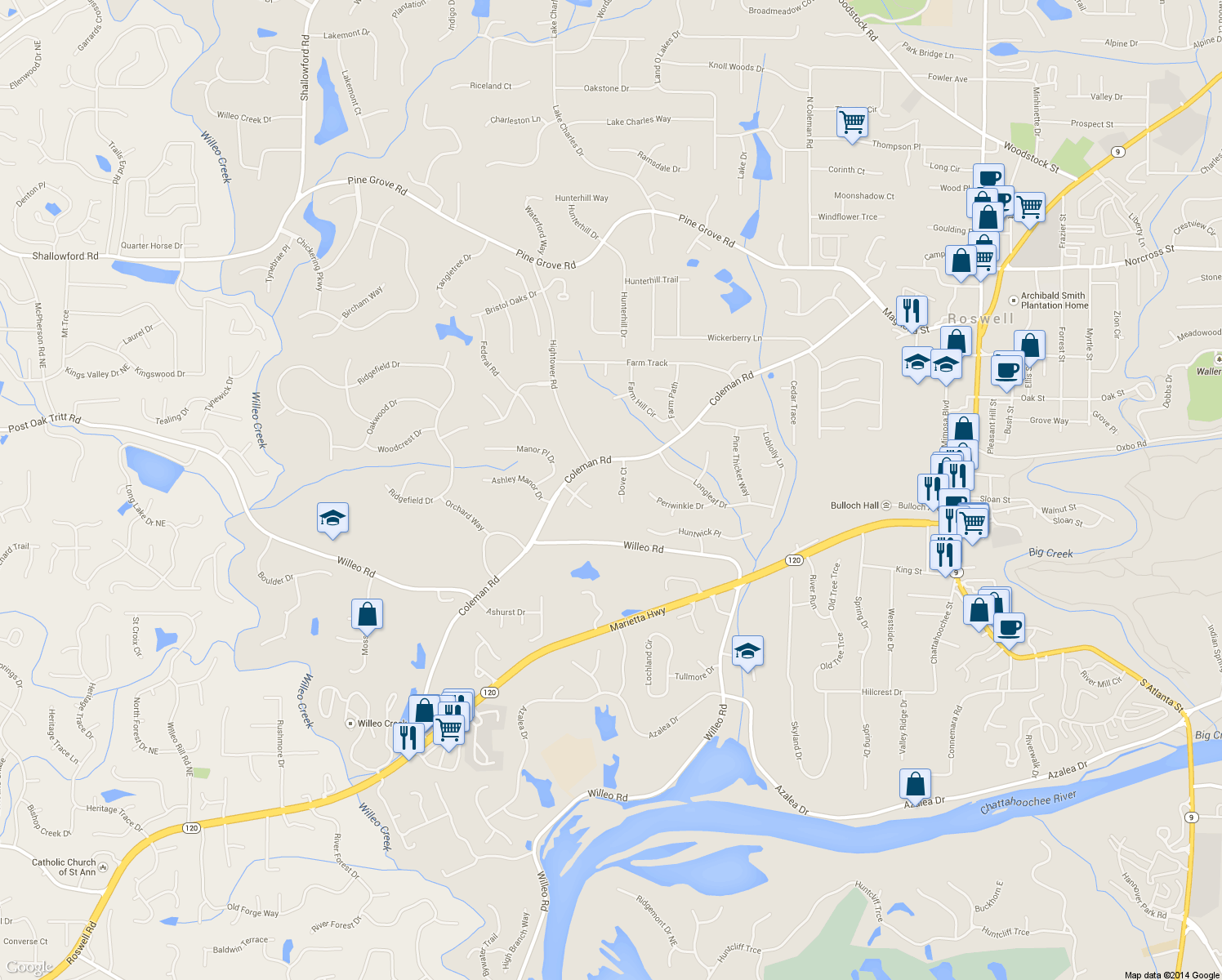 map of restaurants, bars, coffee shops, grocery stores, and more near 130 Dove Ct in Roswell