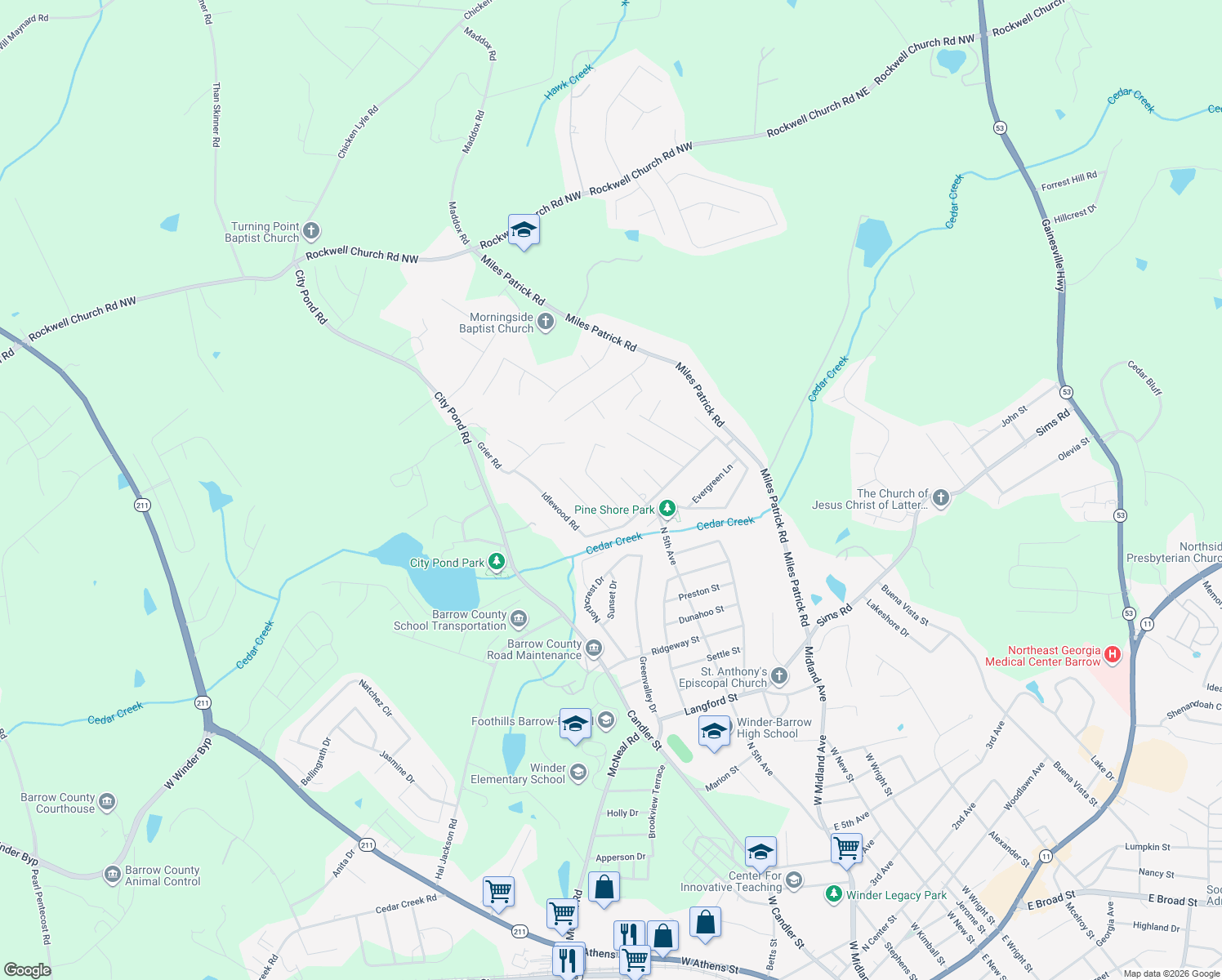 map of restaurants, bars, coffee shops, grocery stores, and more near 871 Whispering Way in Winder