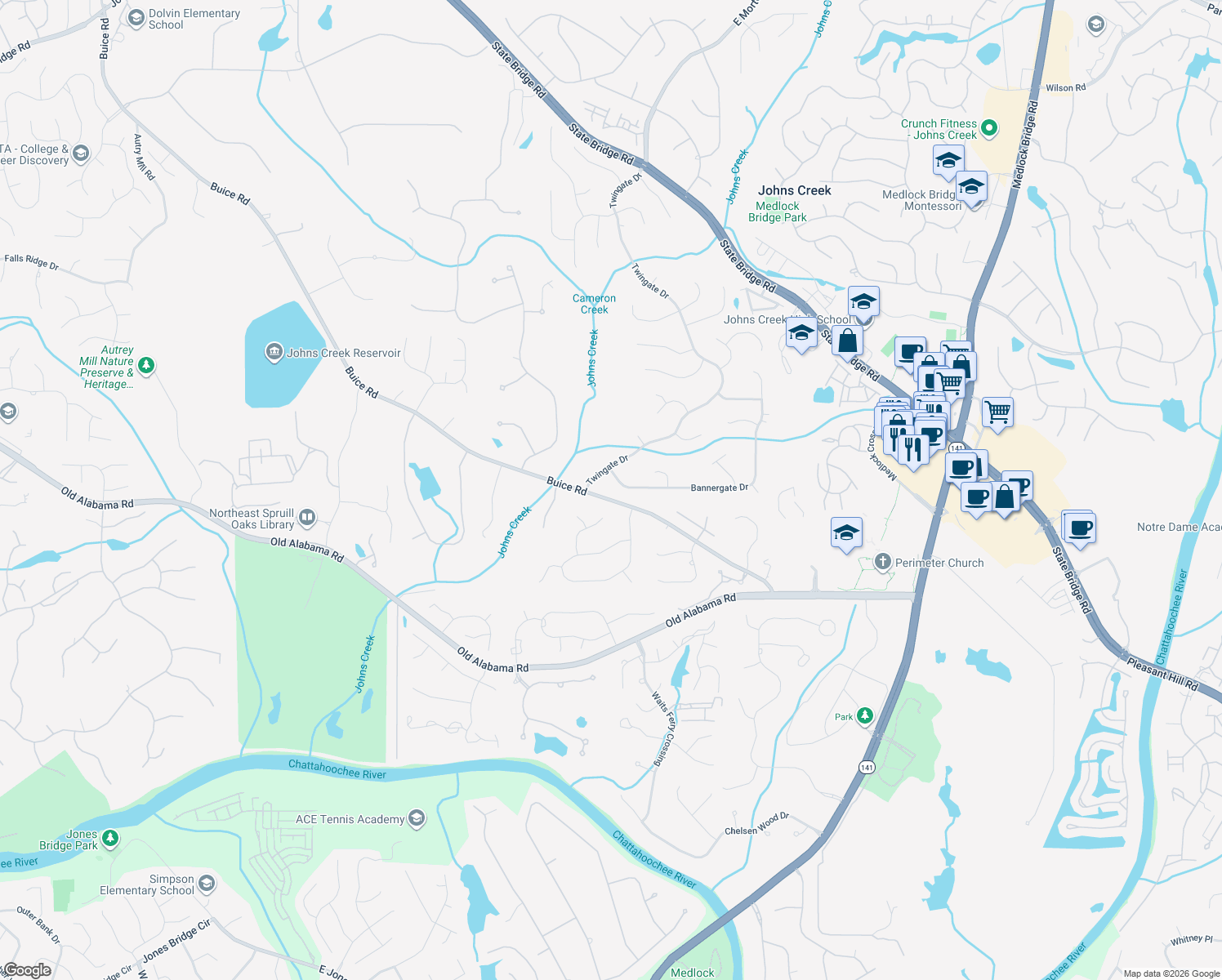 map of restaurants, bars, coffee shops, grocery stores, and more near 5215 Bannergate Drive in Alpharetta