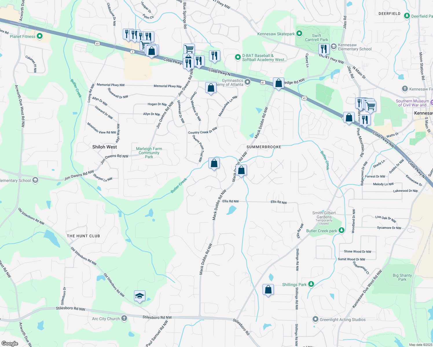 map of restaurants, bars, coffee shops, grocery stores, and more near 3259 Standing Peachtree Trail in Kennesaw