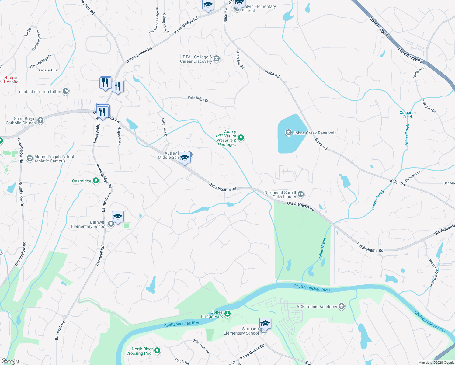 map of restaurants, bars, coffee shops, grocery stores, and more near 700 Mill Cir in Alpharetta