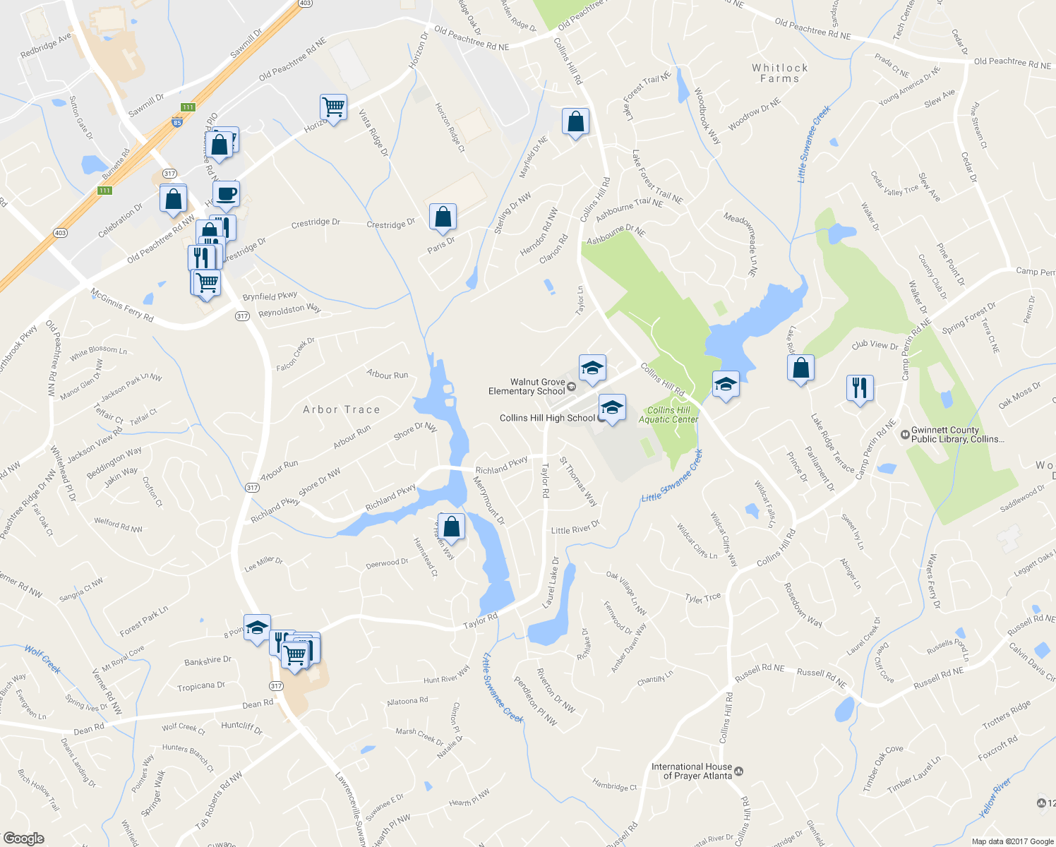 map of restaurants, bars, coffee shops, grocery stores, and more near 2290 Chimney Walk Drive in Suwanee