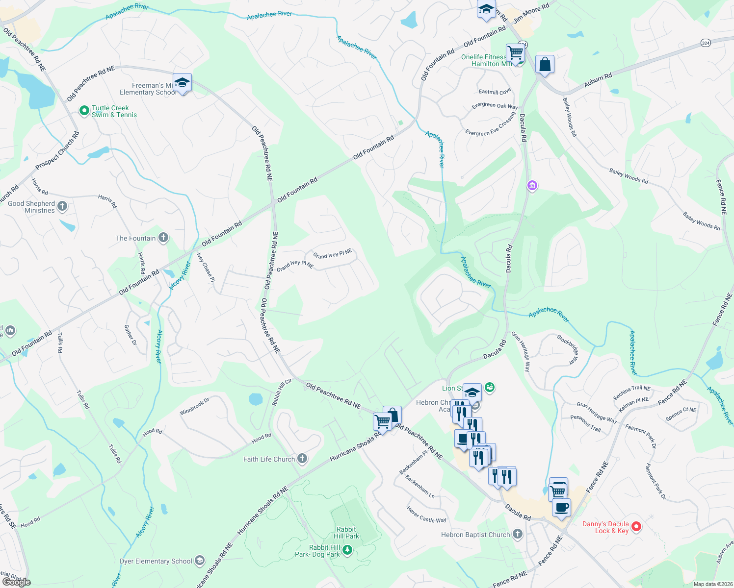 map of restaurants, bars, coffee shops, grocery stores, and more near 1921 Acorn Lane in Dacula