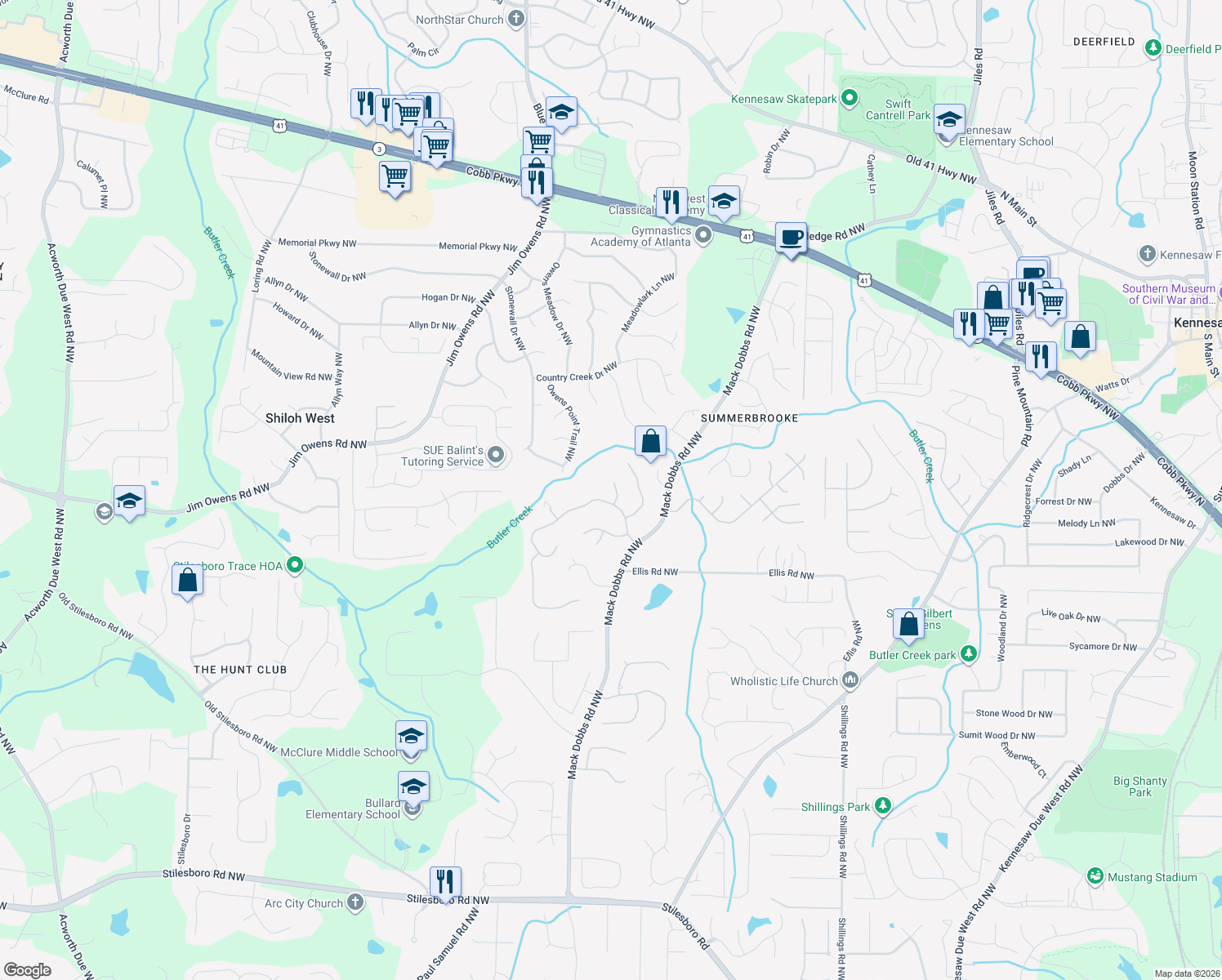 map of restaurants, bars, coffee shops, grocery stores, and more near 2503 Blaydon Point Northwest in Kennesaw
