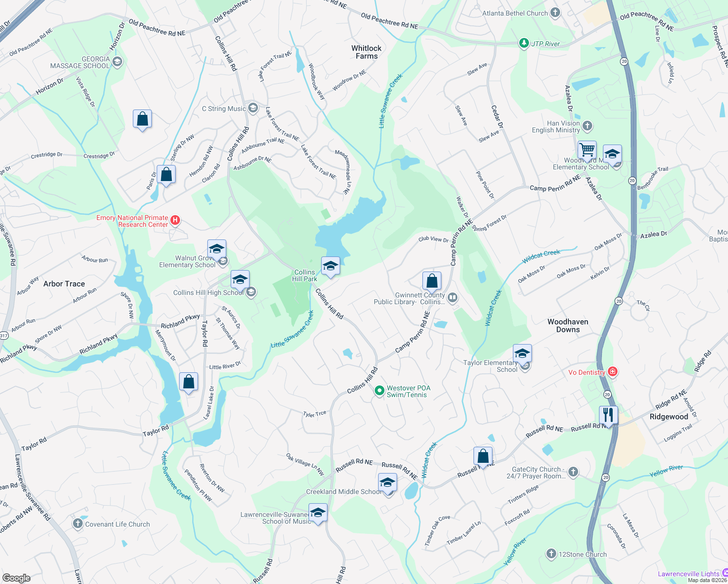 map of restaurants, bars, coffee shops, grocery stores, and more near 2155 Parliament Dr in Lawrenceville