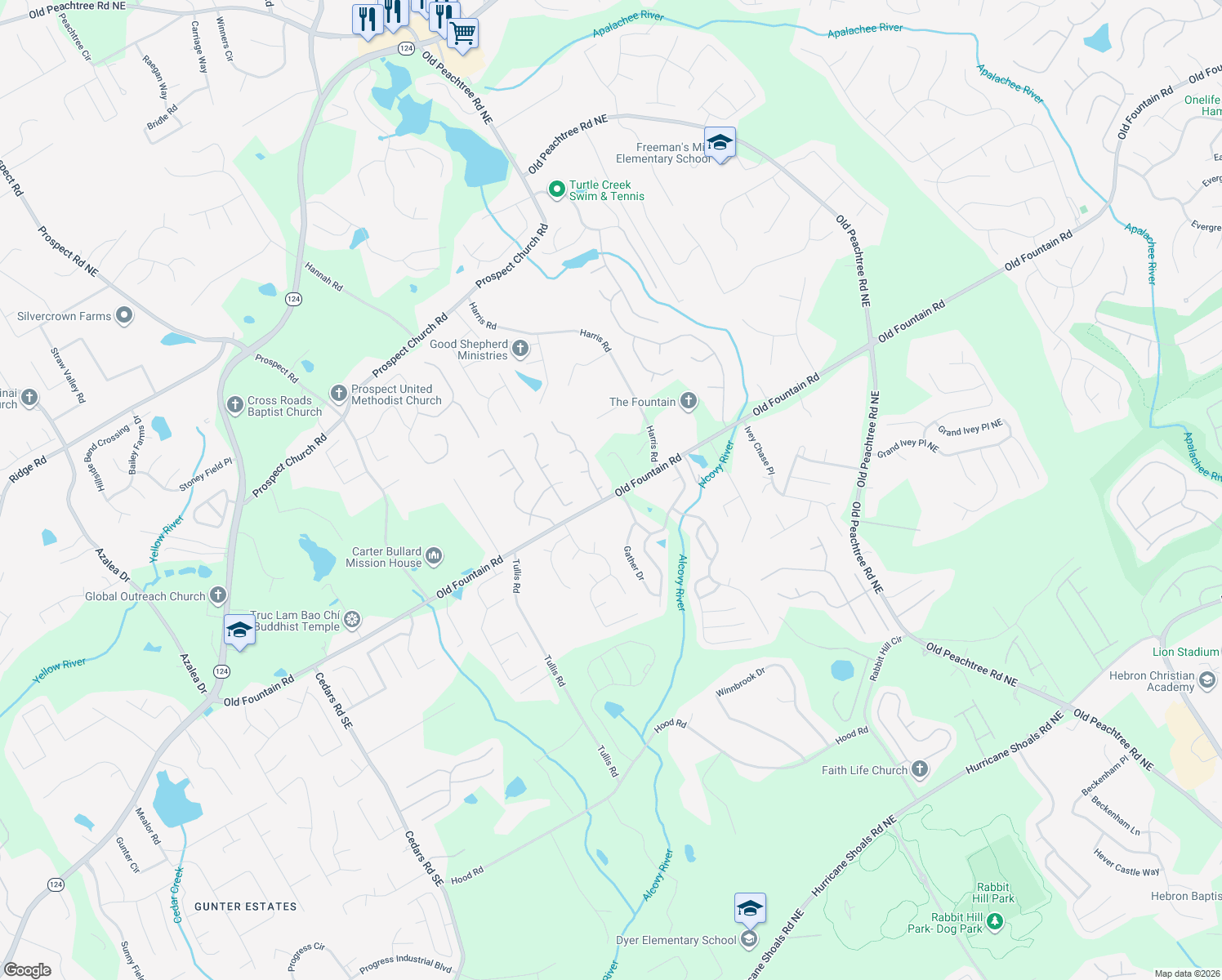 map of restaurants, bars, coffee shops, grocery stores, and more near 1867 Dewberry Ct in Lawrenceville