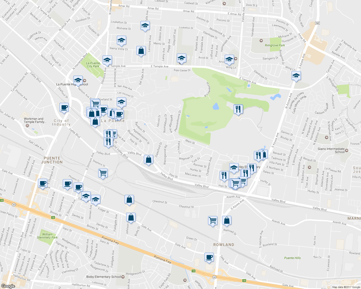 map of restaurants, bars, coffee shops, grocery stores, and more near 428 Ferrero Lane in La Puente