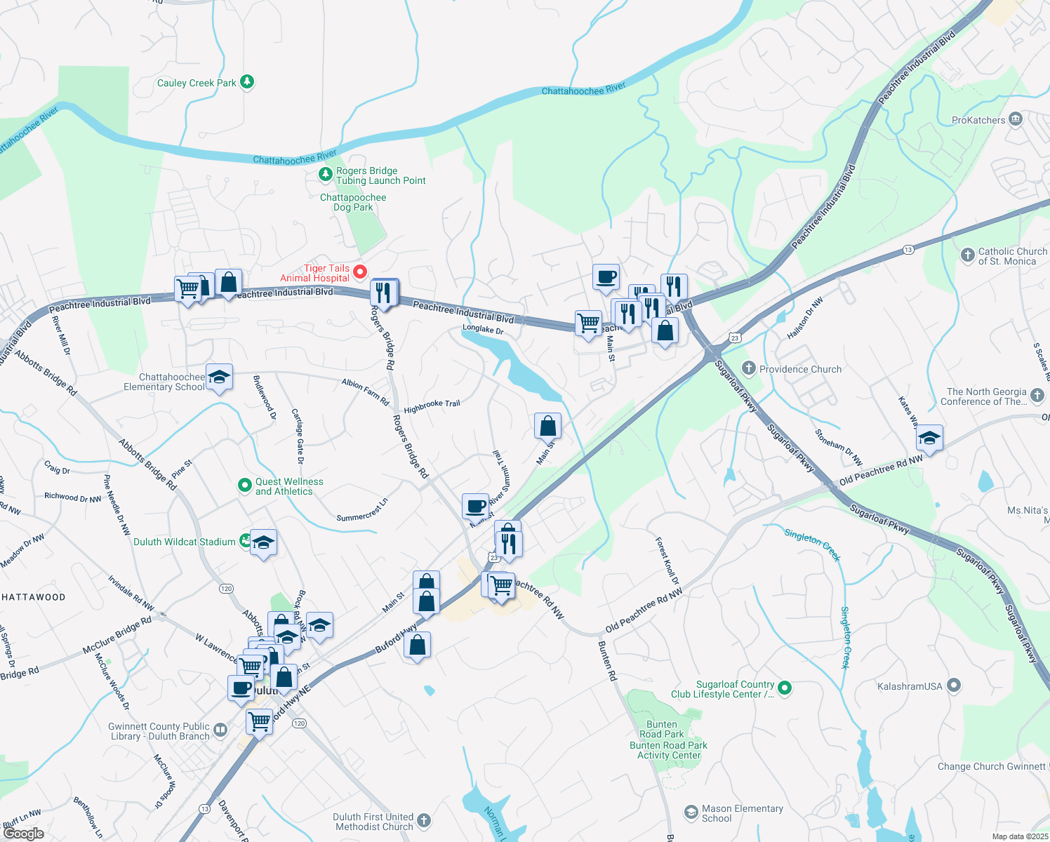 map of restaurants, bars, coffee shops, grocery stores, and more near 3614 Clearbrooke Way in Duluth