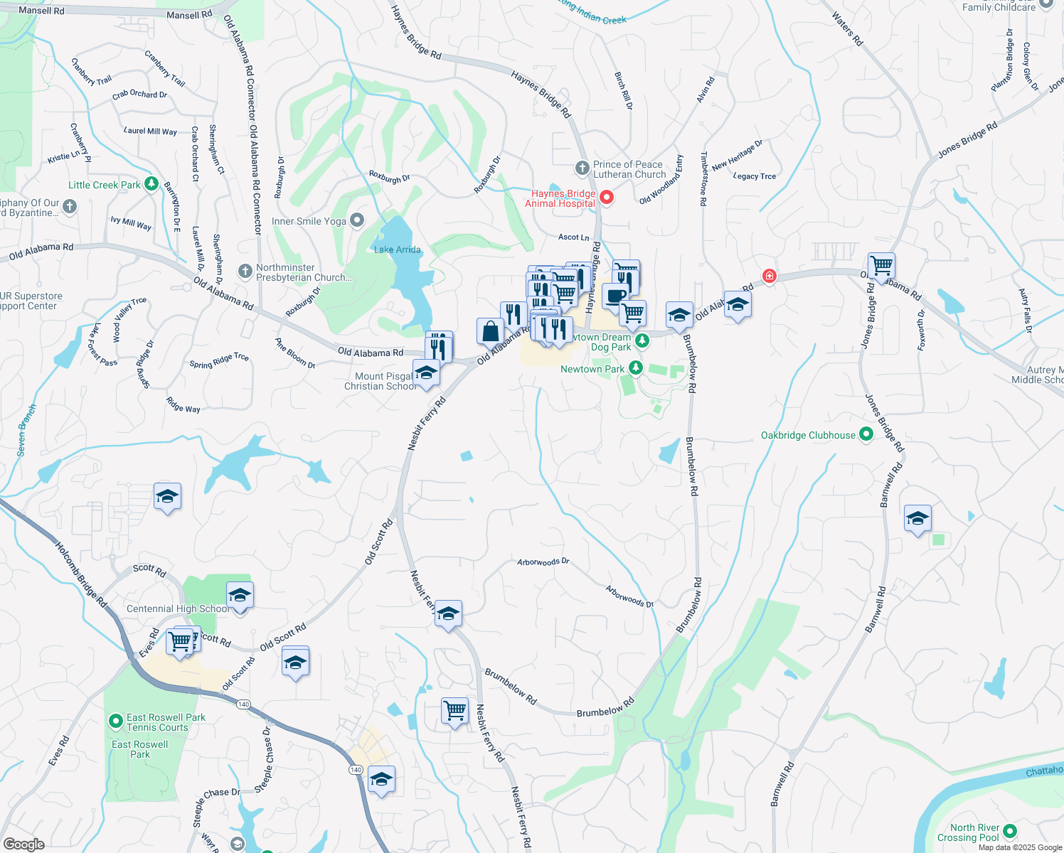 map of restaurants, bars, coffee shops, grocery stores, and more near 385 Guildhall Grove in Alpharetta