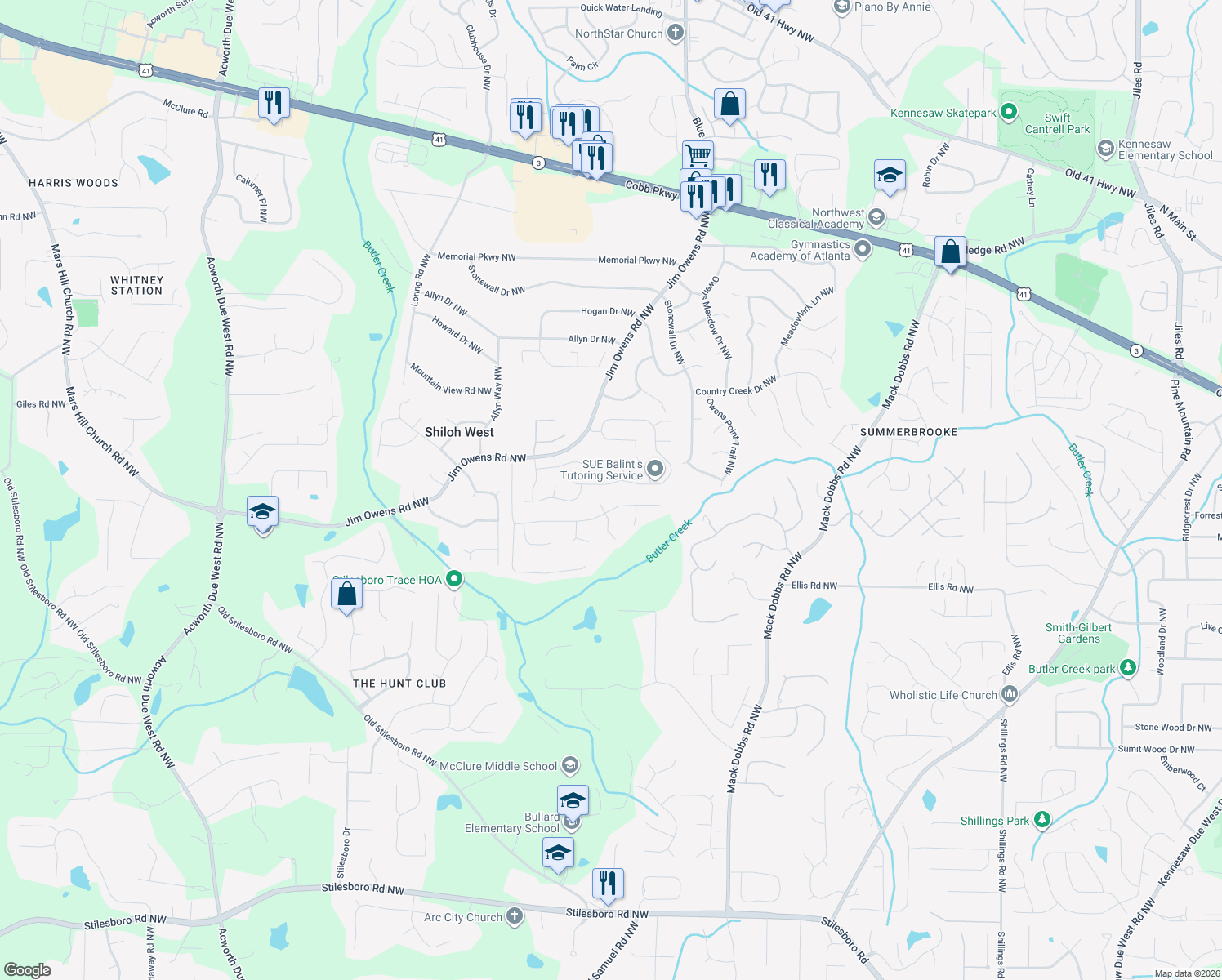 map of restaurants, bars, coffee shops, grocery stores, and more near 2579 Marleigh Farm Rd NW in Kennesaw