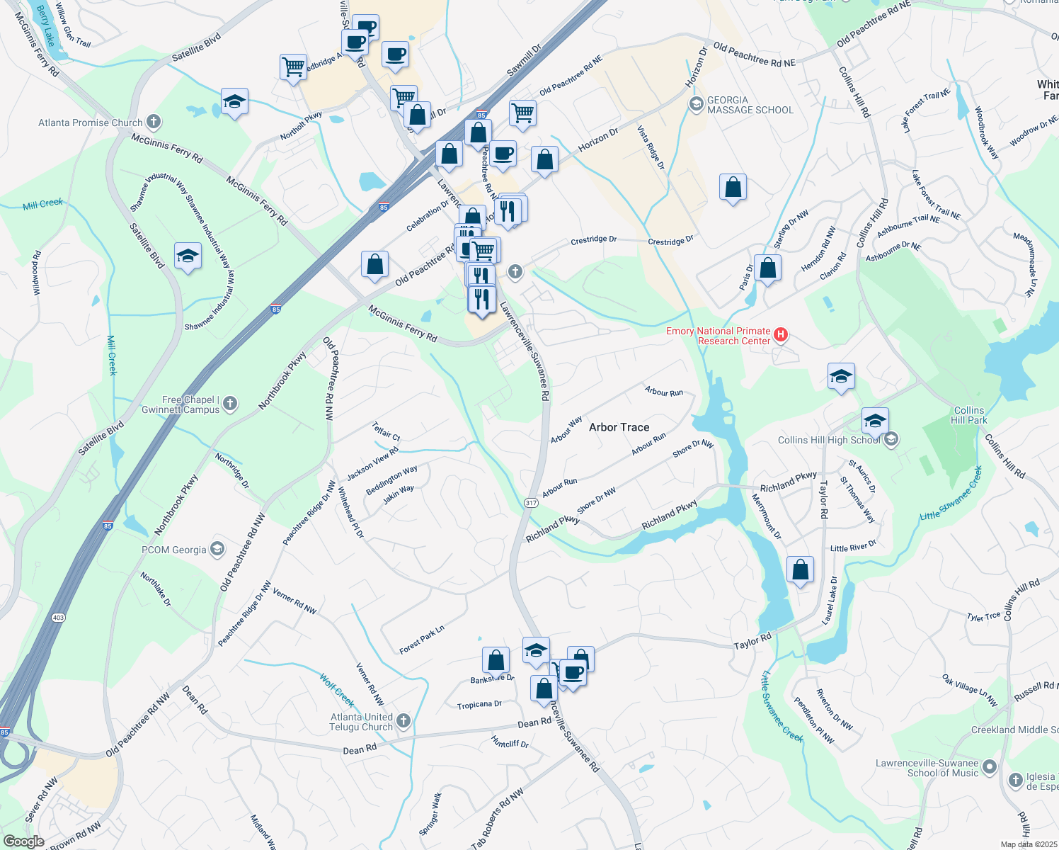 map of restaurants, bars, coffee shops, grocery stores, and more near 2534 Falcon Chase Ct in Suwanee