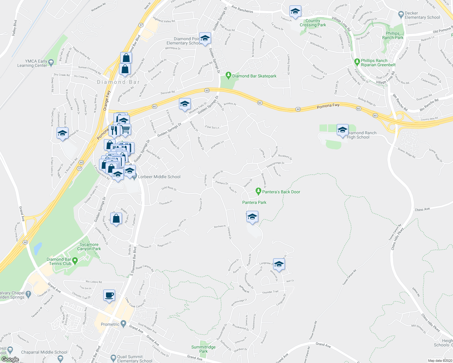map of restaurants, bars, coffee shops, grocery stores, and more near 632 Pantera Drive in Diamond Bar