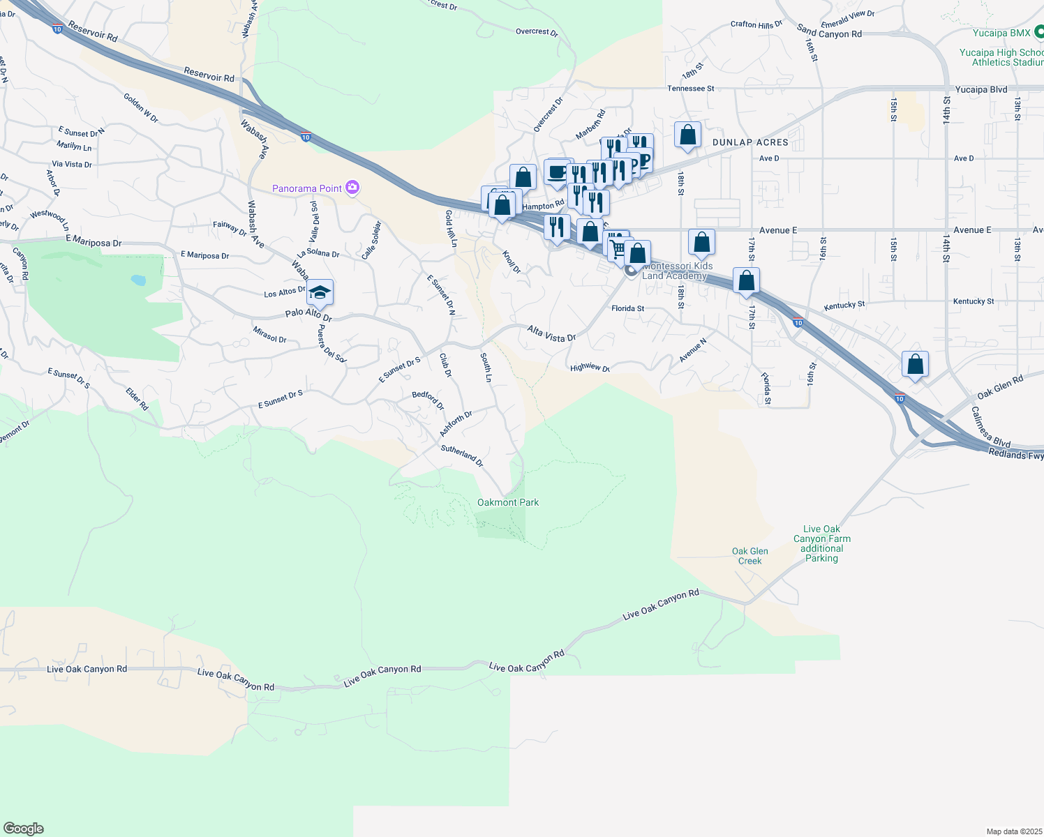 map of restaurants, bars, coffee shops, grocery stores, and more near 31284 Freya Drive in Redlands