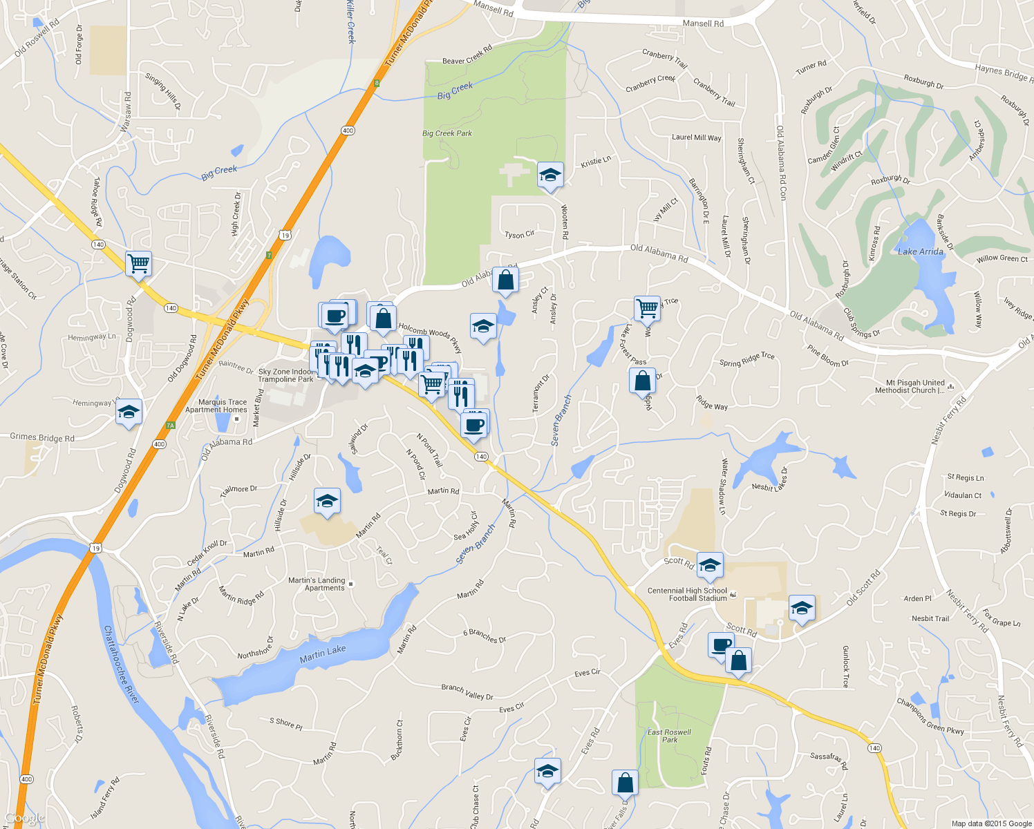map of restaurants, bars, coffee shops, grocery stores, and more near 670 Creekwood Crossing West in Roswell