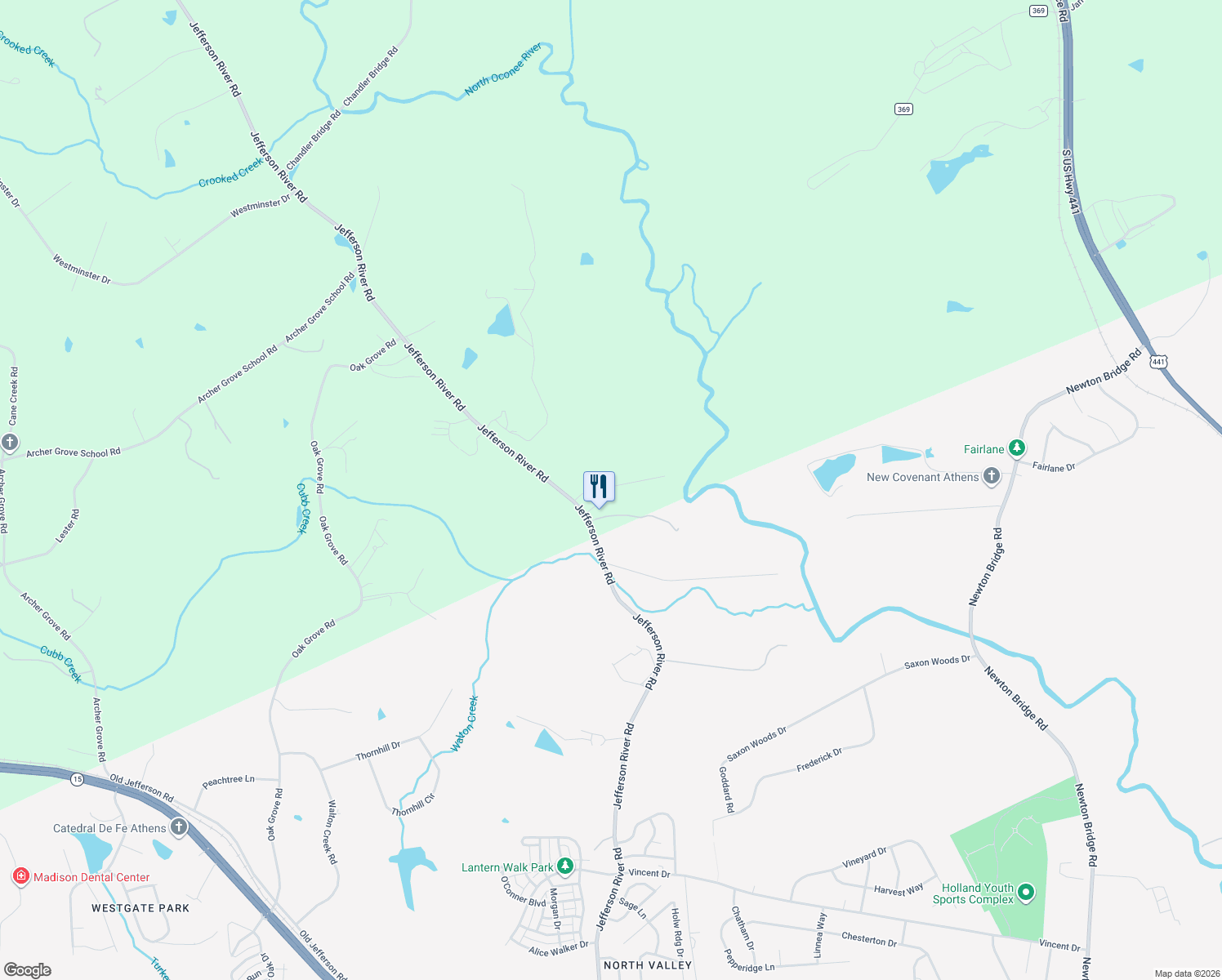 map of restaurants, bars, coffee shops, grocery stores, and more near 126 Jeffery Lane in Athens